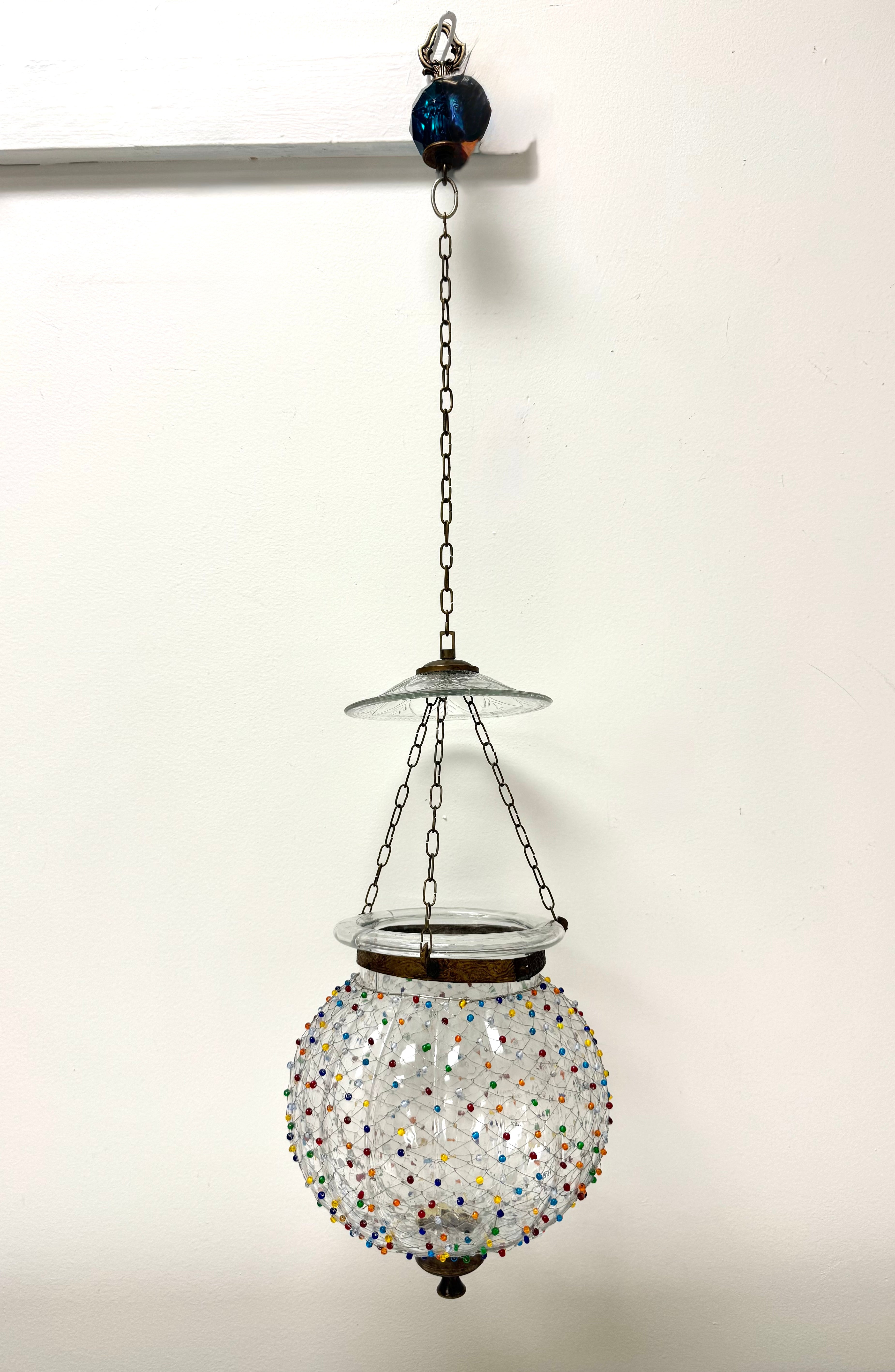 Vintage Clear Glass Pendant Ornament with Beaded Netting