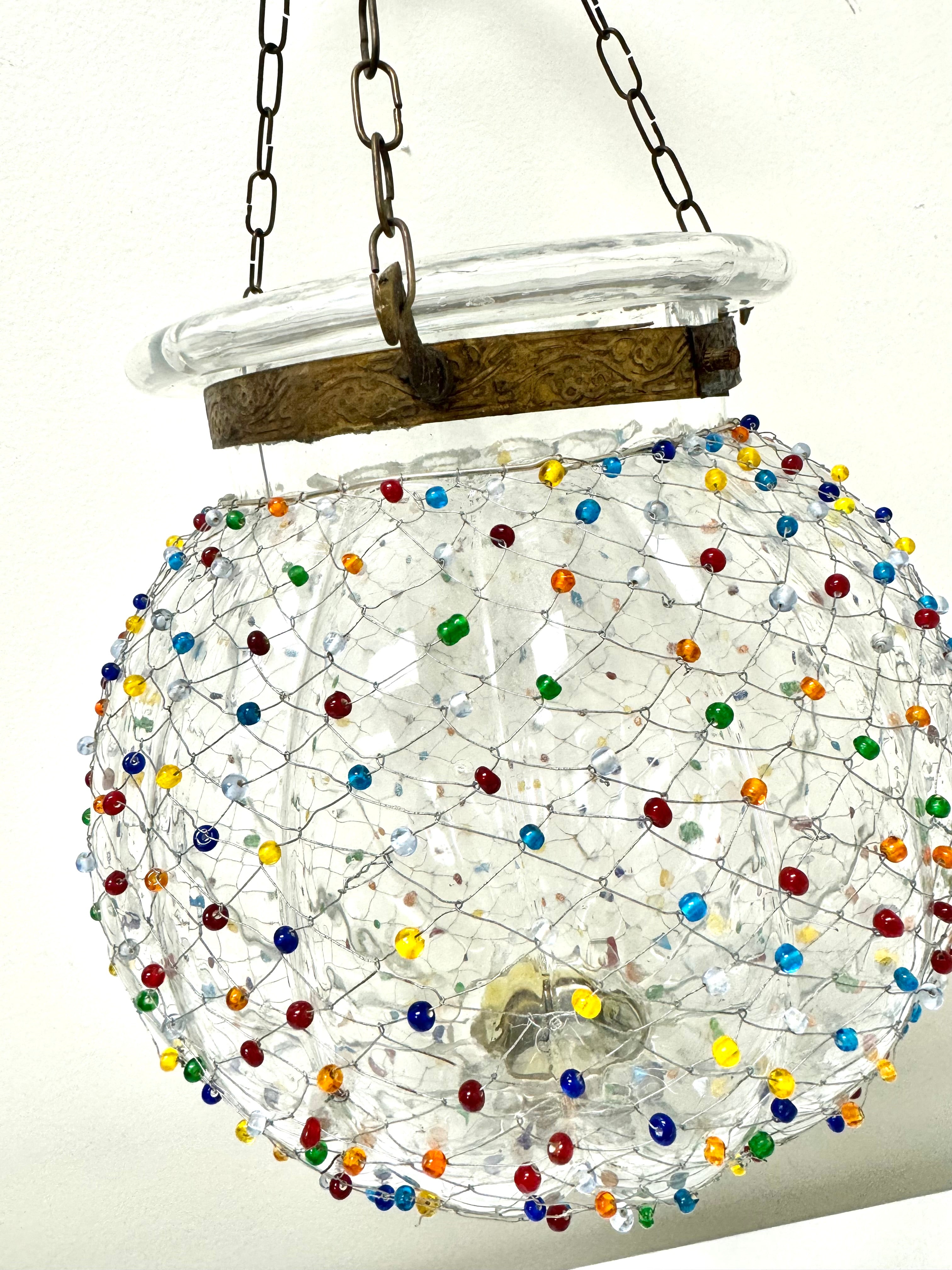 Vintage Clear Glass Pendant Ornament with Beaded Netting