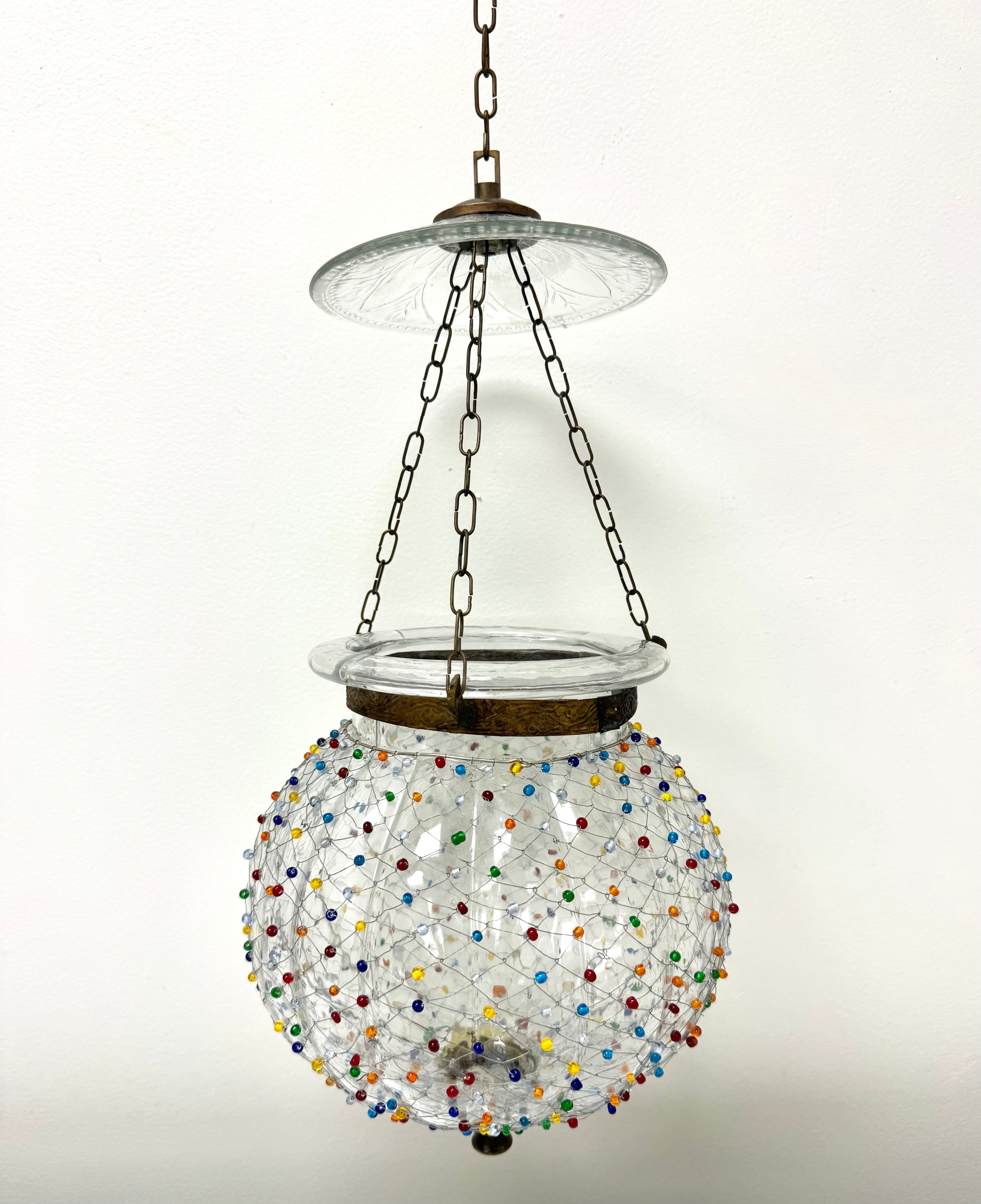 Vintage Clear Glass Pendant Ornament with Beaded Netting
