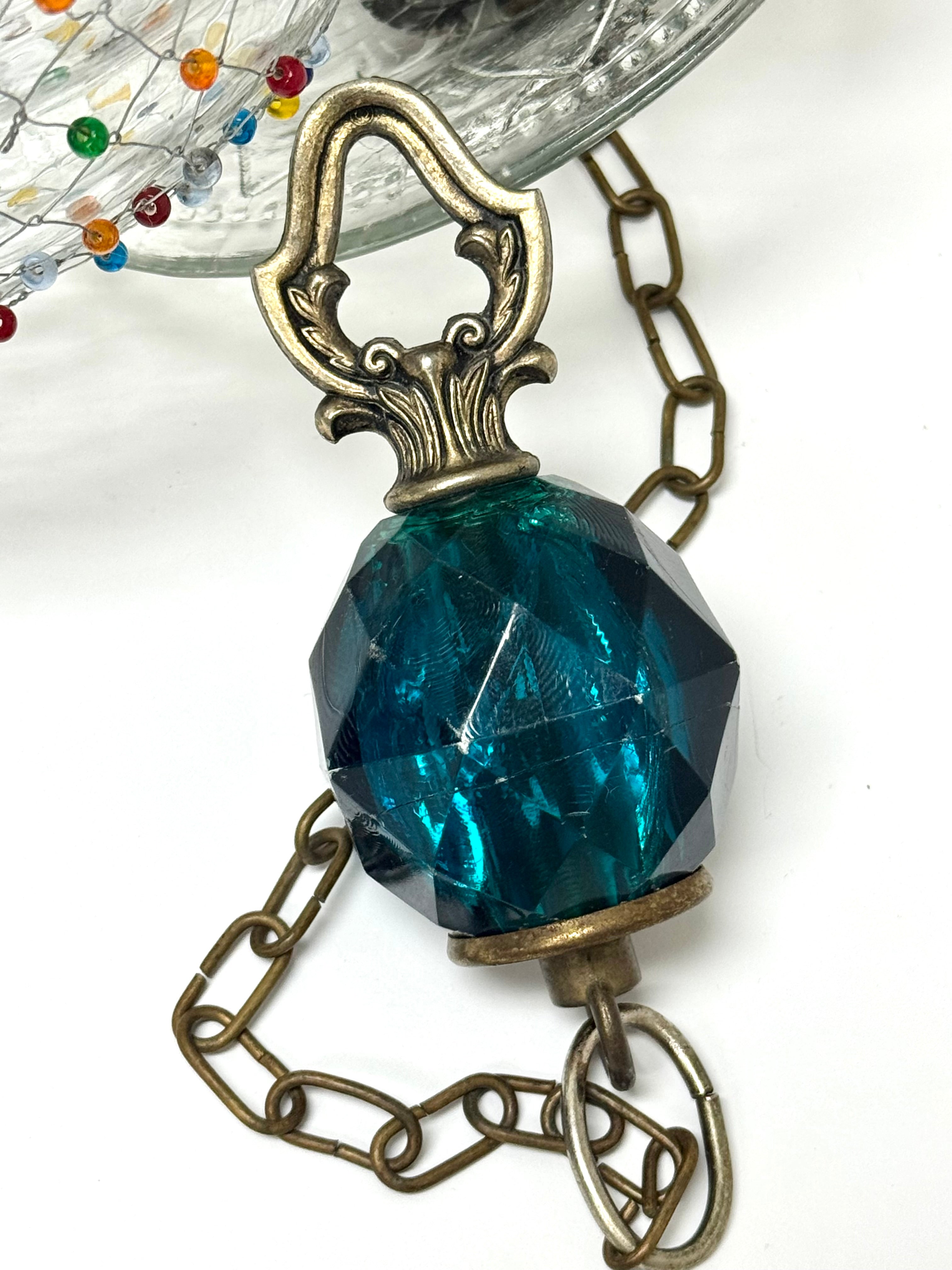 Vintage Clear Glass Pendant Ornament with Beaded Netting