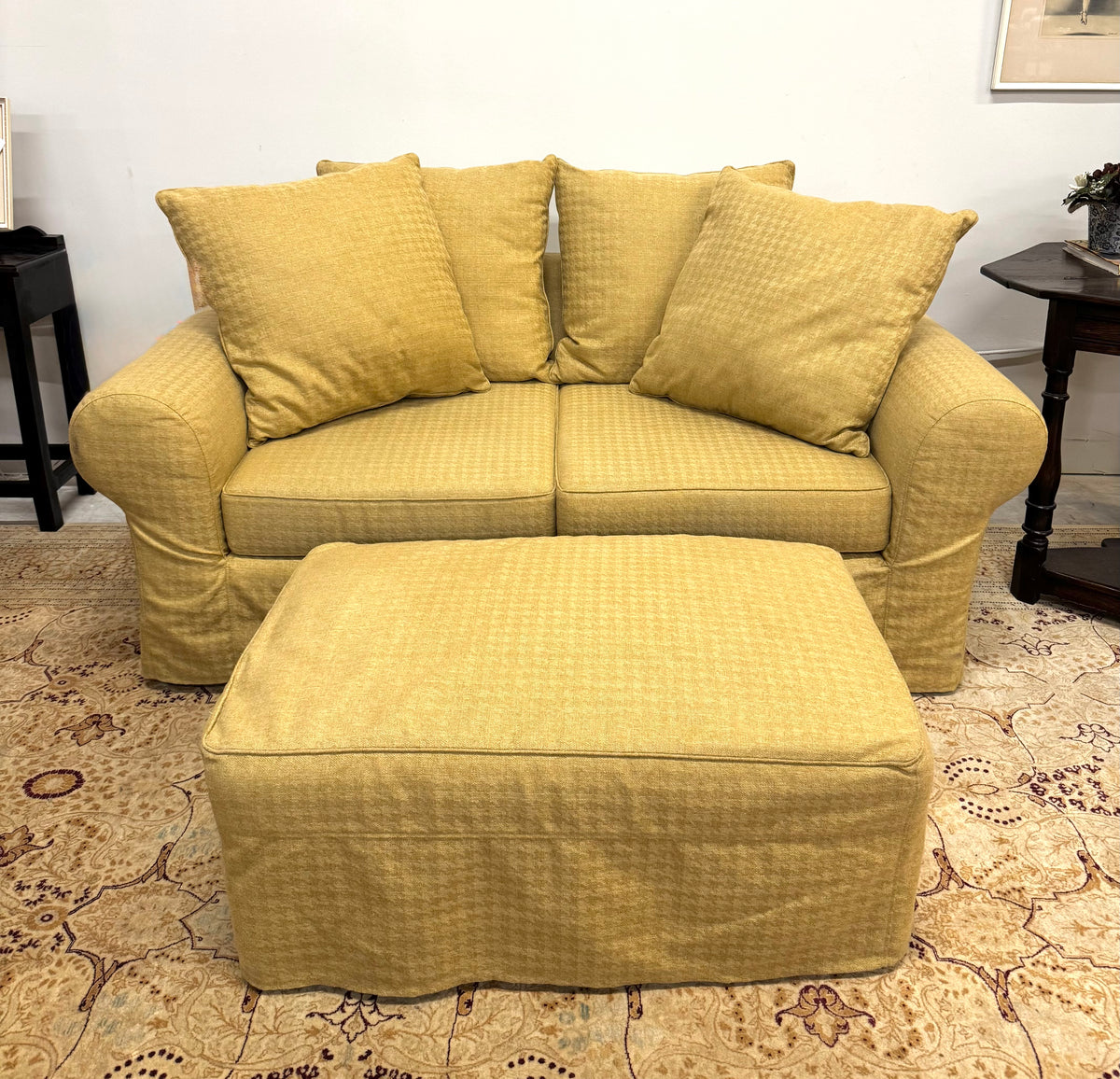 Gold Herringbone 72" Slipcovered Loveseat & Ottoman