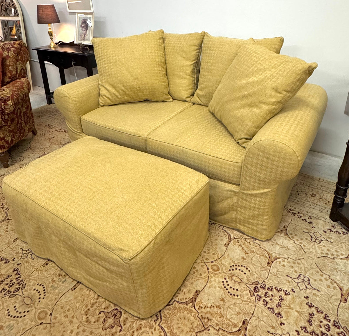 Gold Herringbone 72" Slipcovered Loveseat & Ottoman