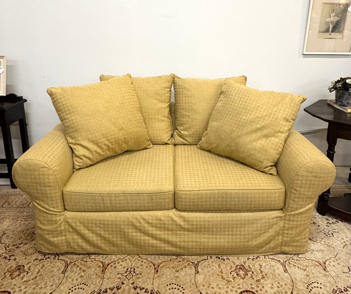 Gold Herringbone 72" Slipcovered Loveseat & Ottoman