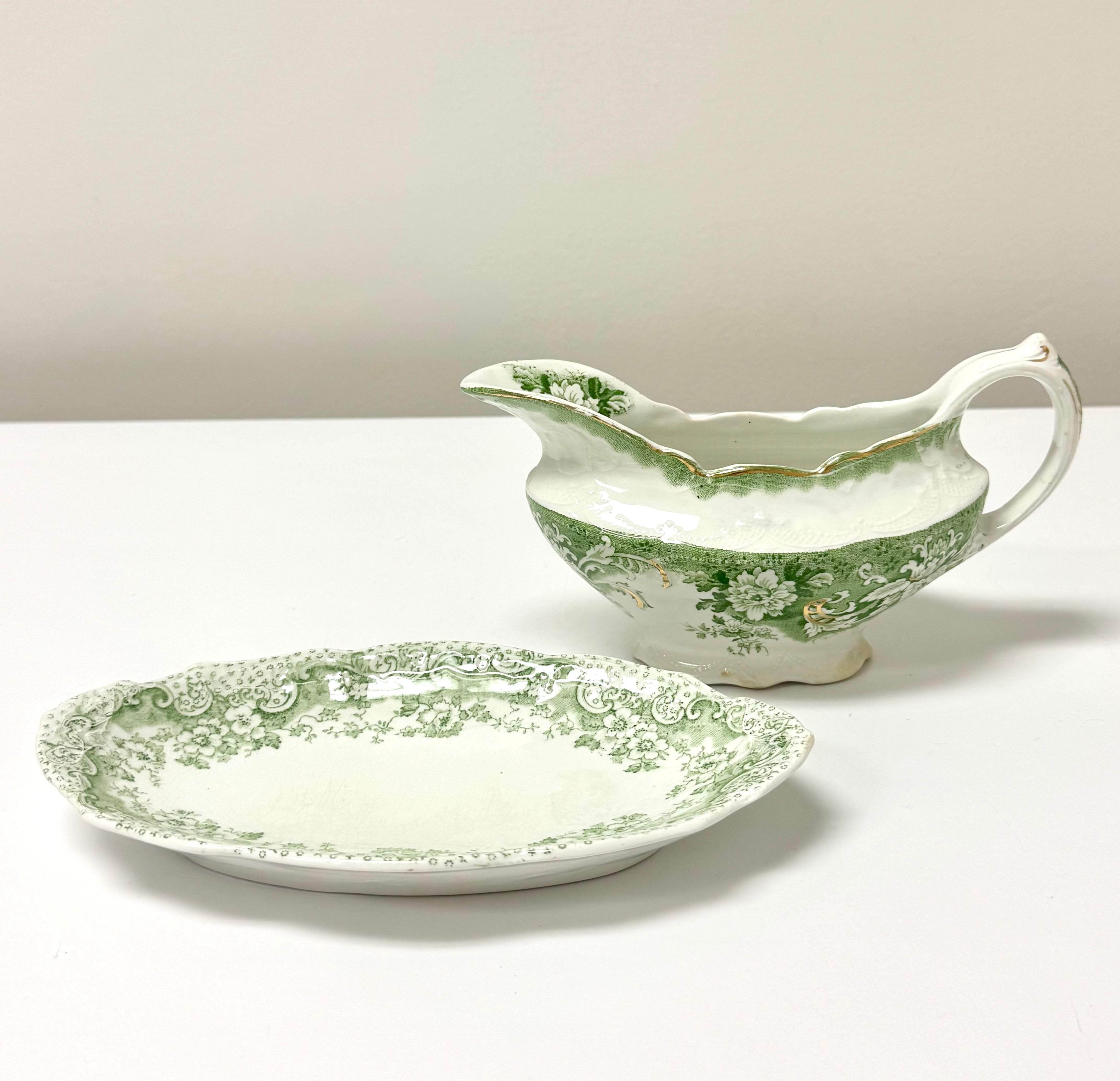 Vintage Light Green Floral Gravy Boat with Saucer