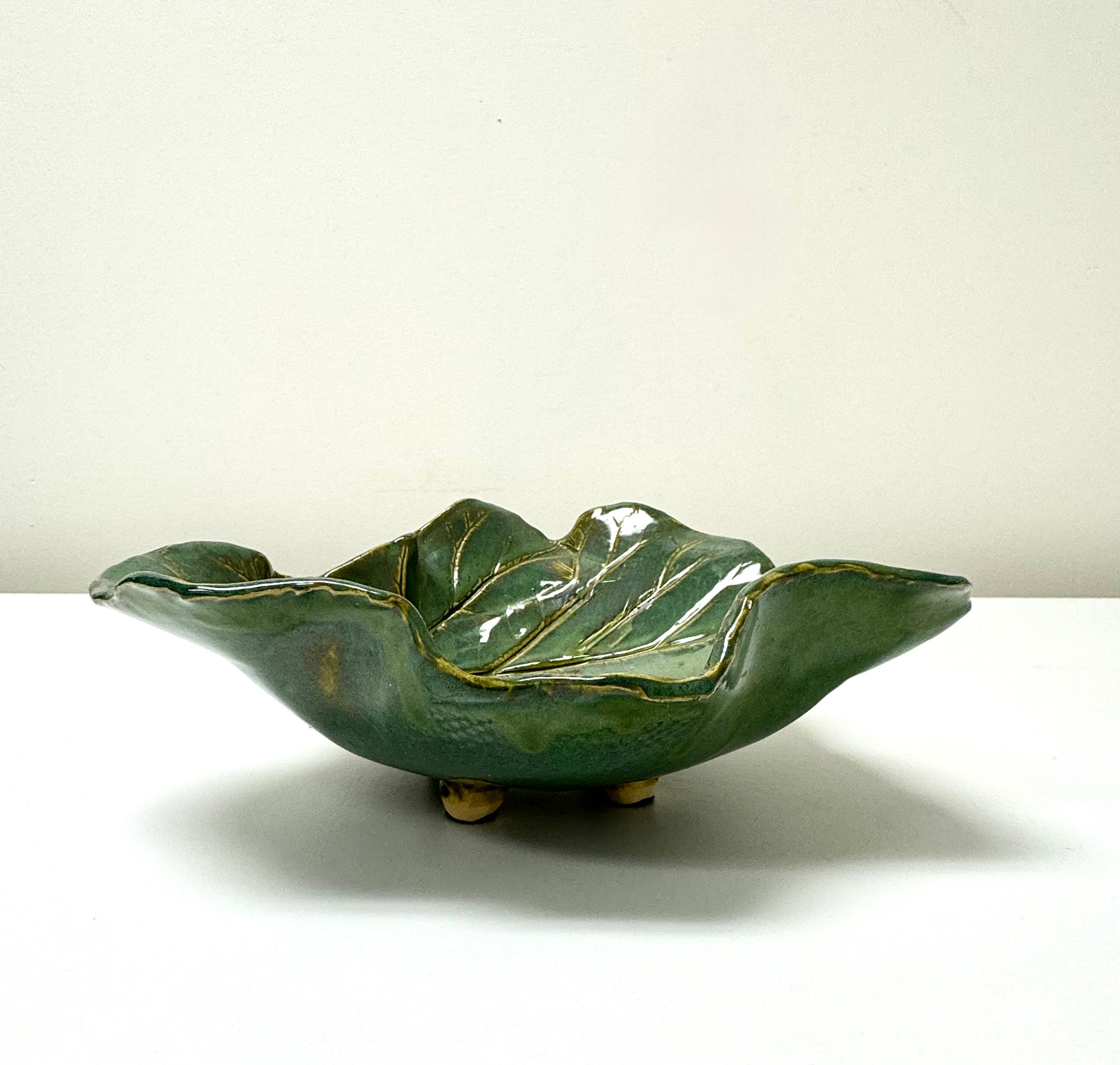 Vintage Hand-made Rhubarb Leaf Footed Dish