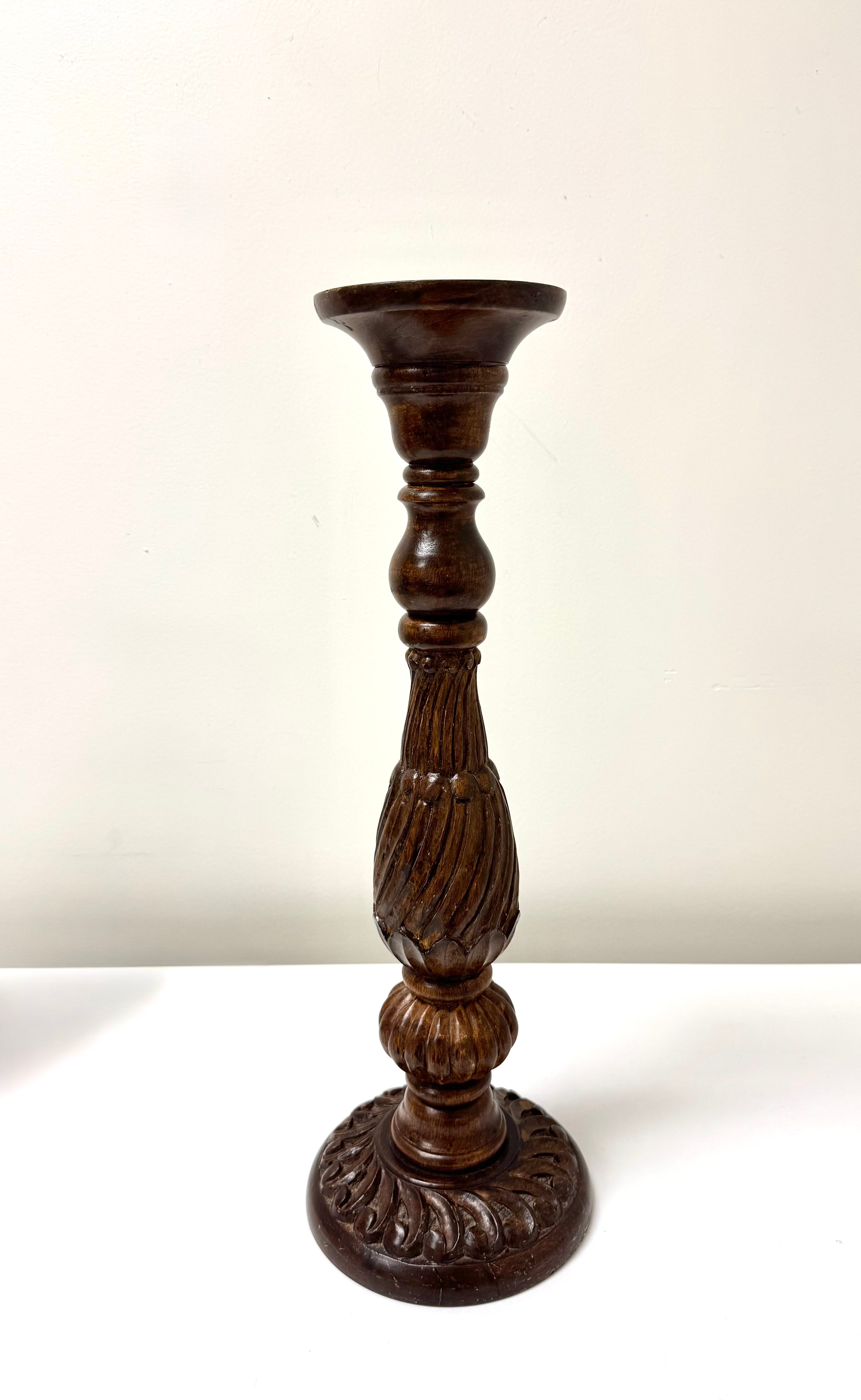 BOMBAY Carved Wood Pillar Candle Holder