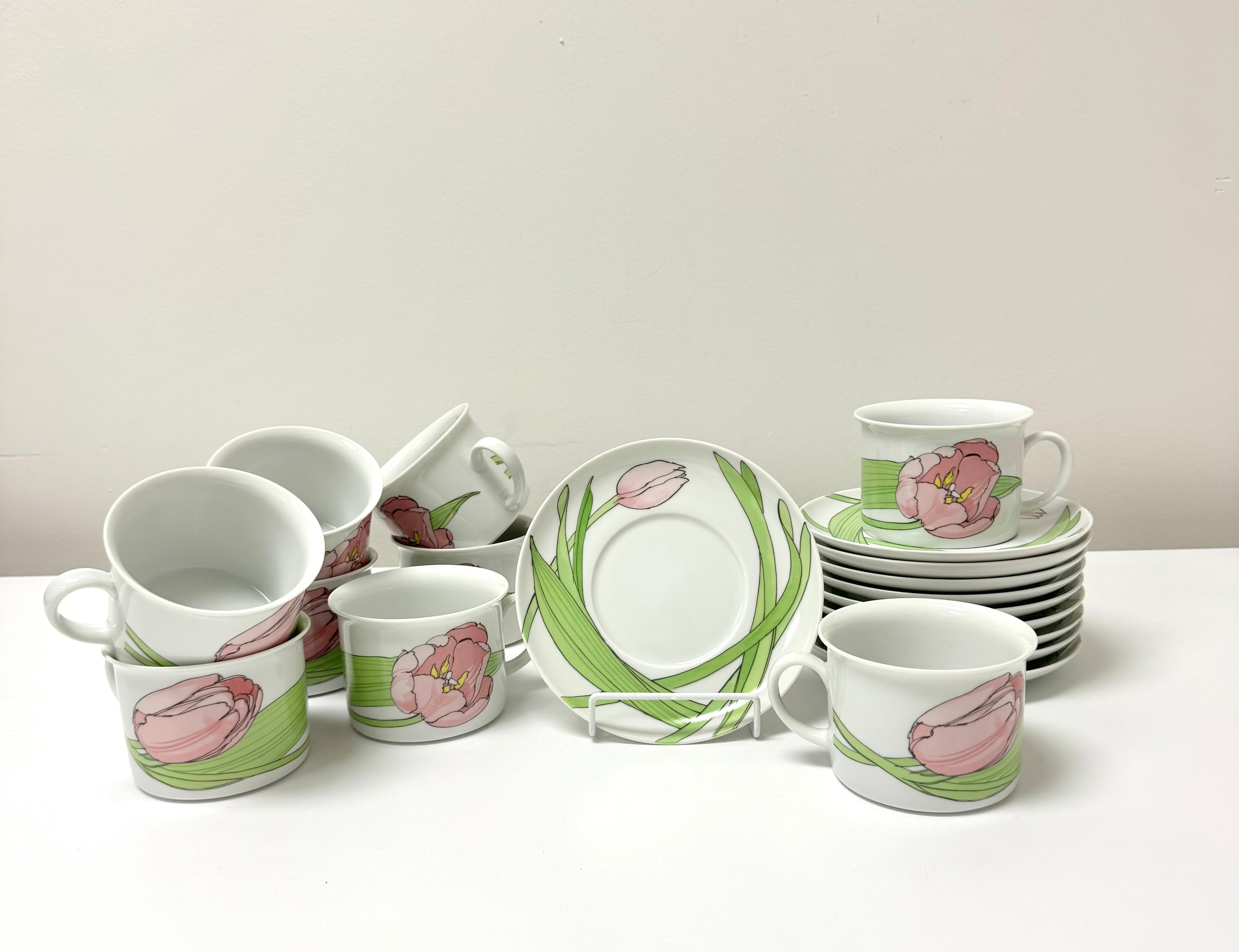 Vintage IKEA Pink Tulip Cups & Saucers Set of 8