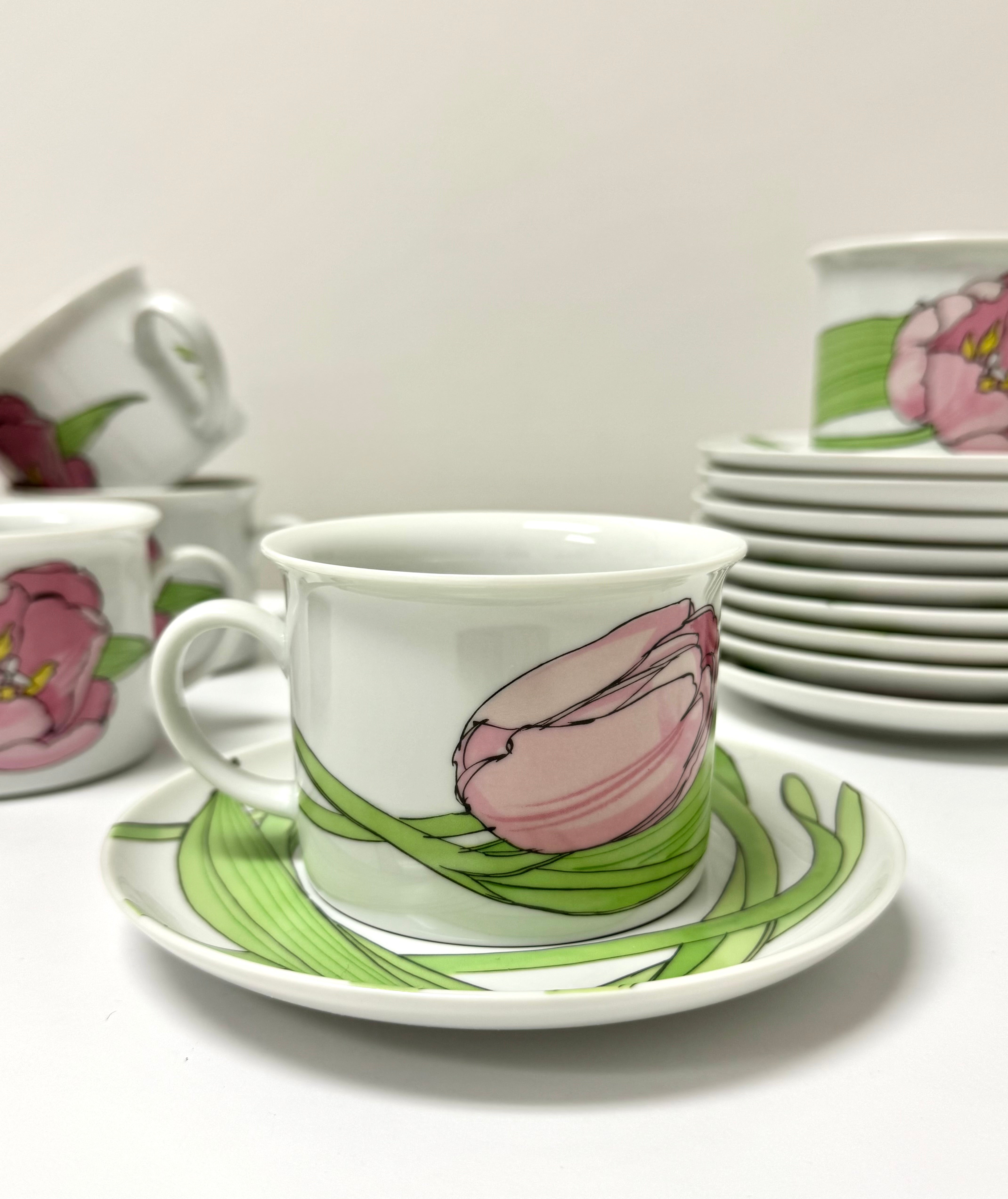 Vintage IKEA Pink Tulip Cups & Saucers Set of 8