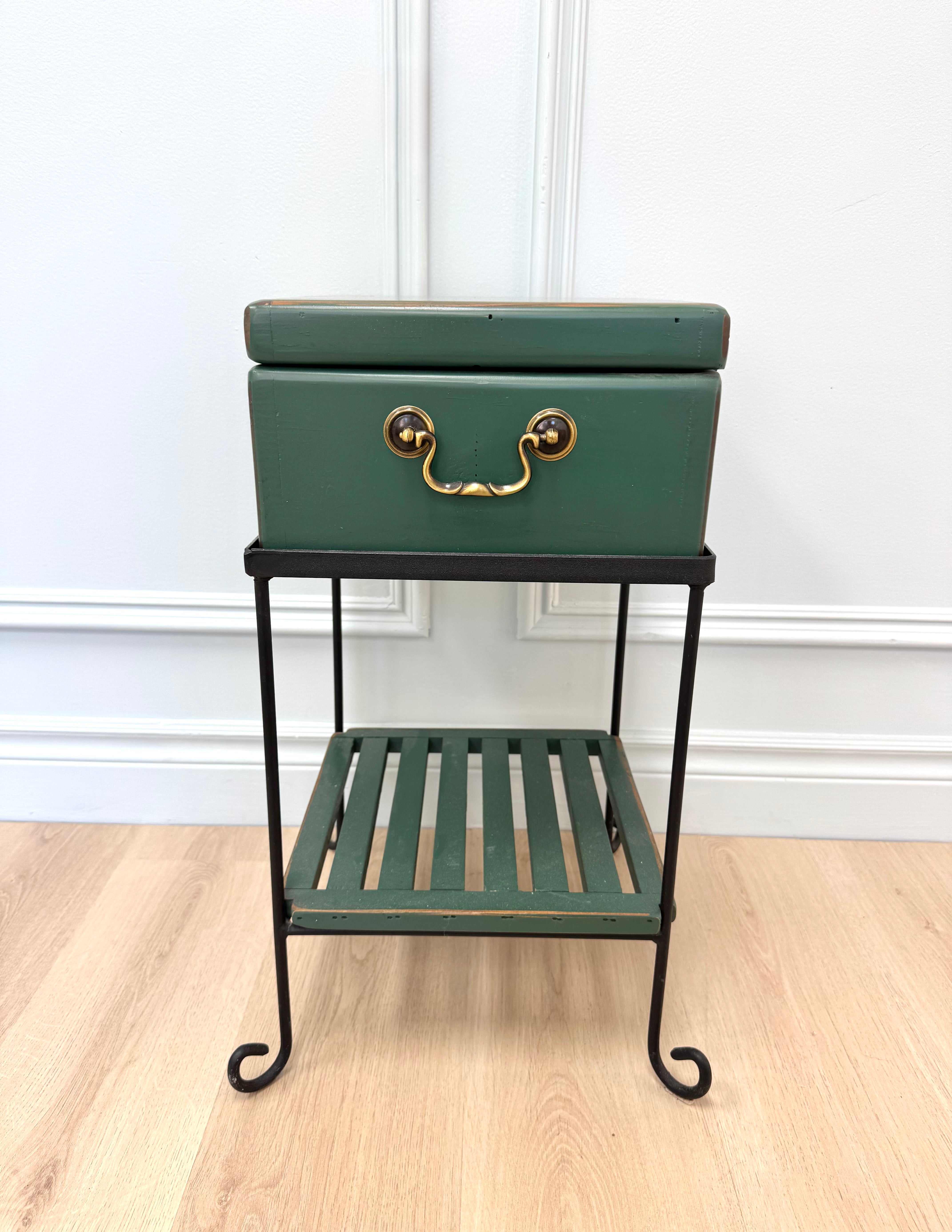Green Wooden Box on Wrought Iron Stand
