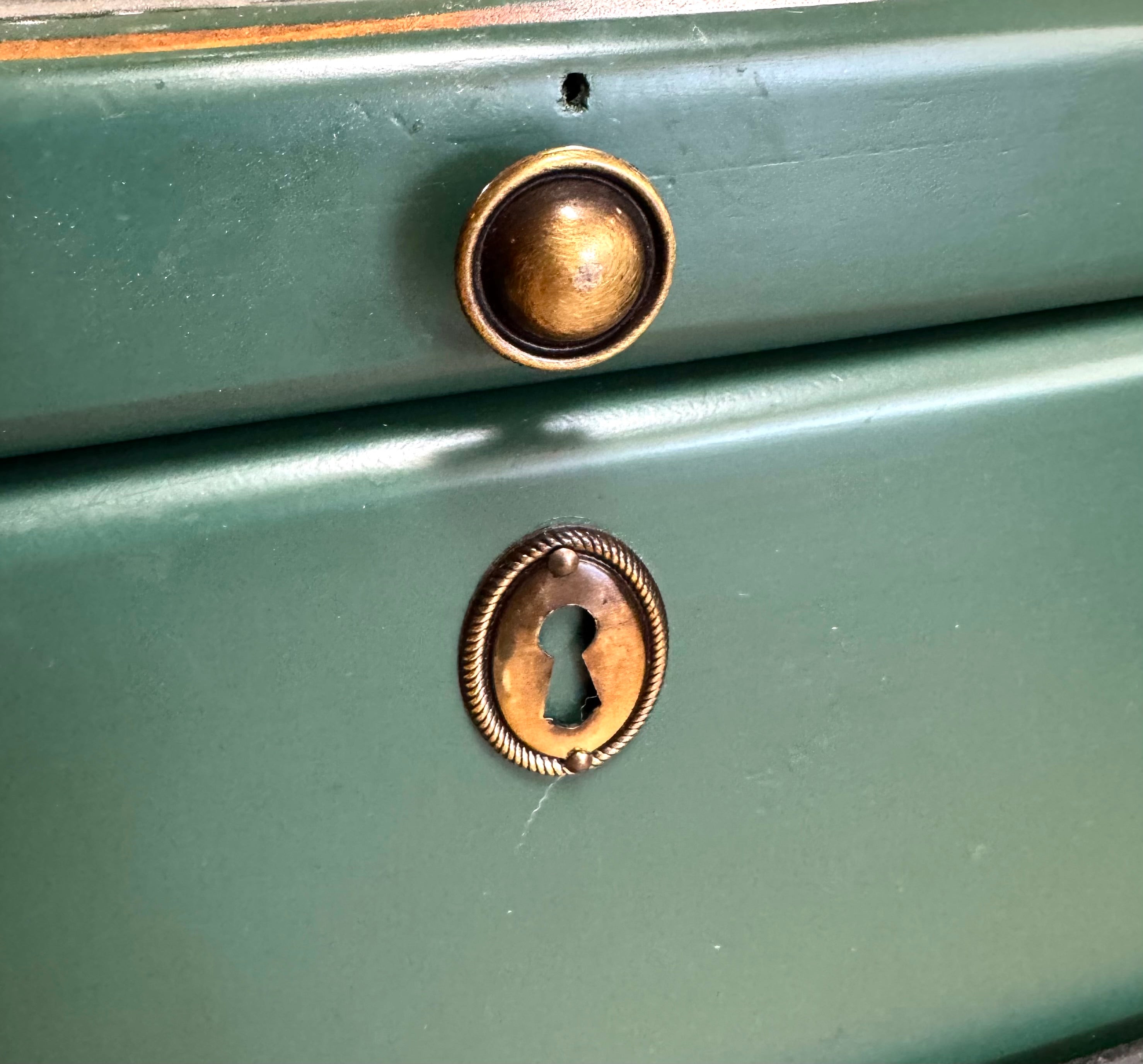 Green Wooden Box on Wrought Iron Stand
