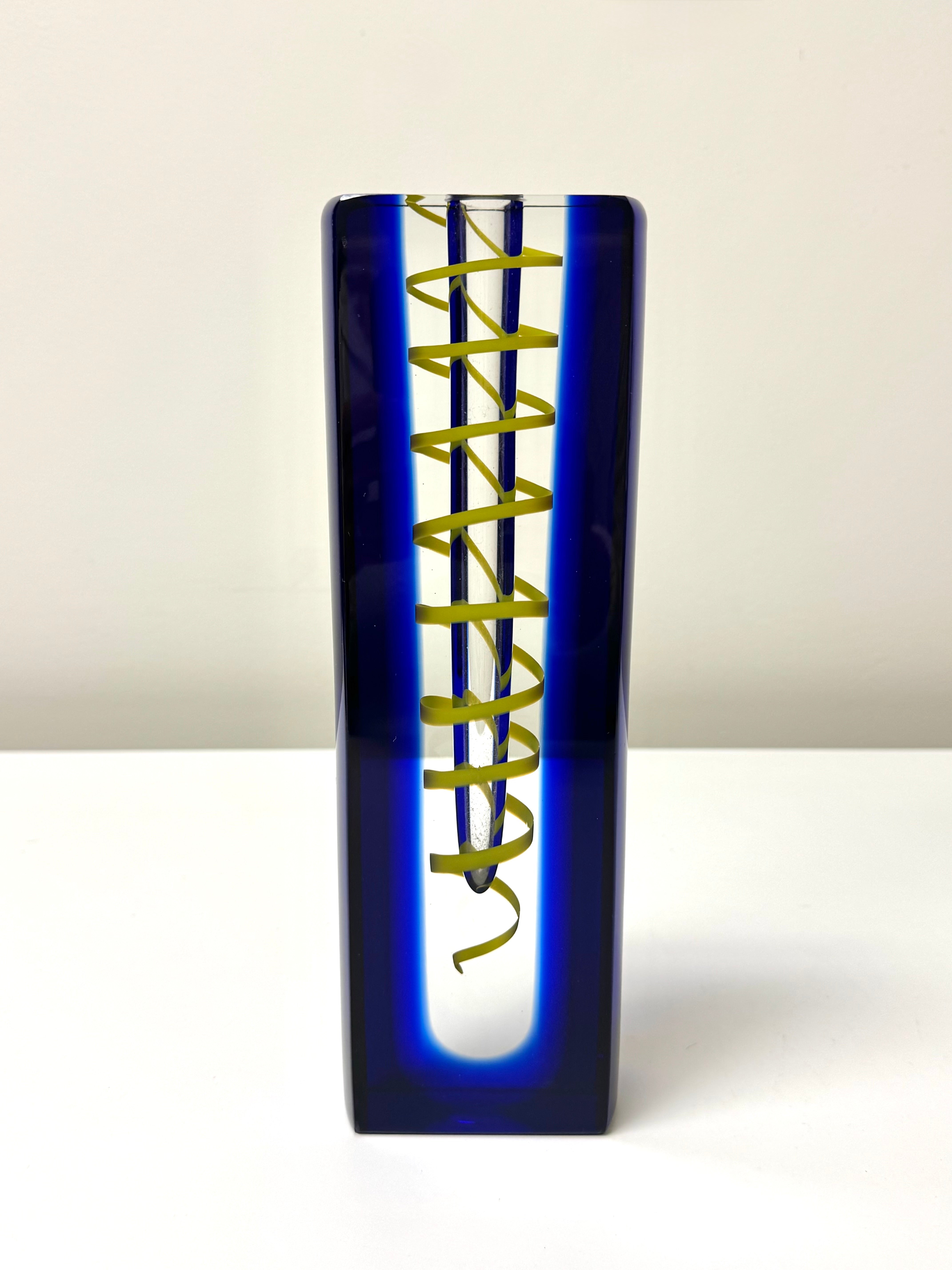 Deep Blue Art Glass Vase with Yellow Swirl (Signed)