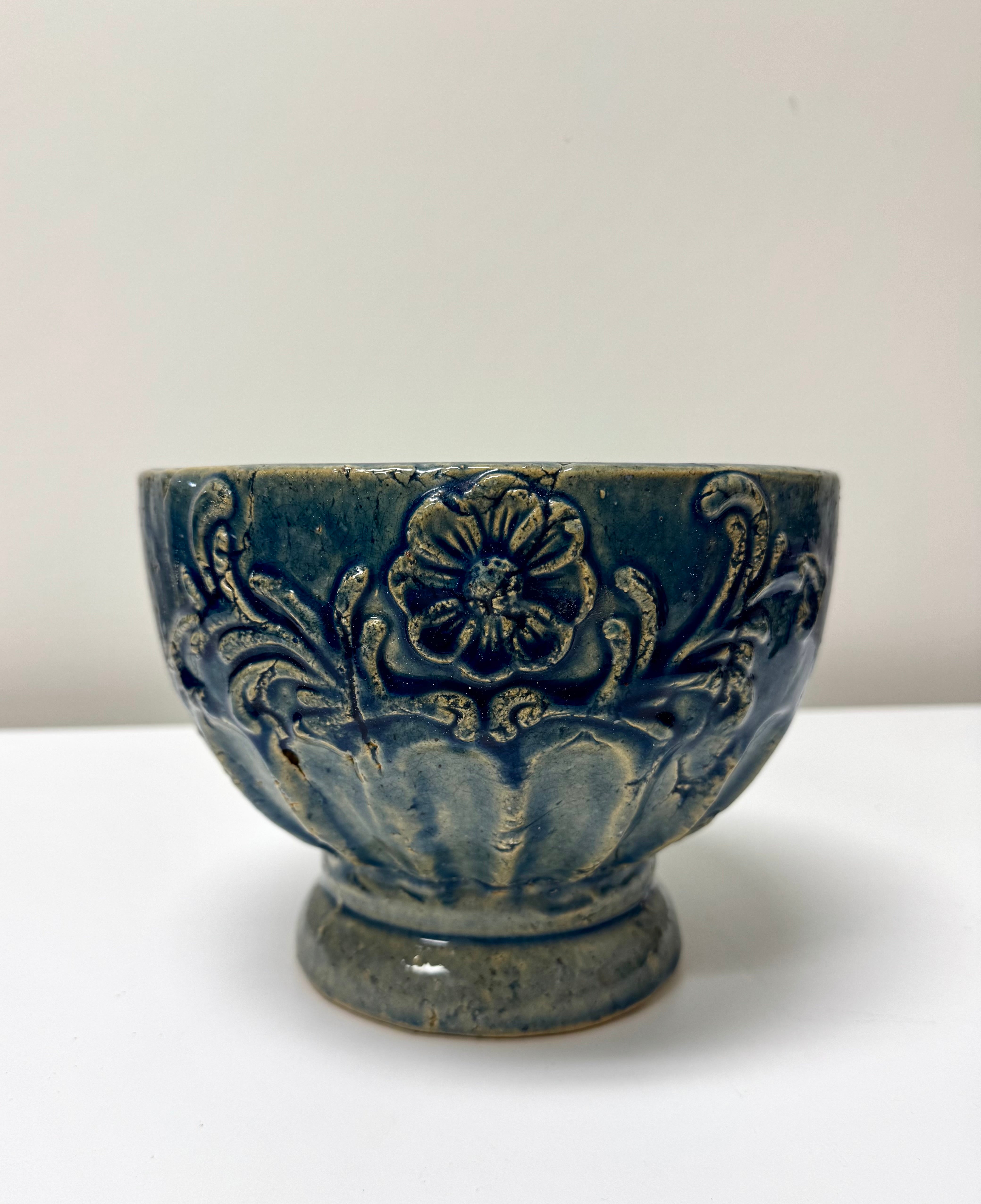 Blue Embossed Floral Pedestal Planter
