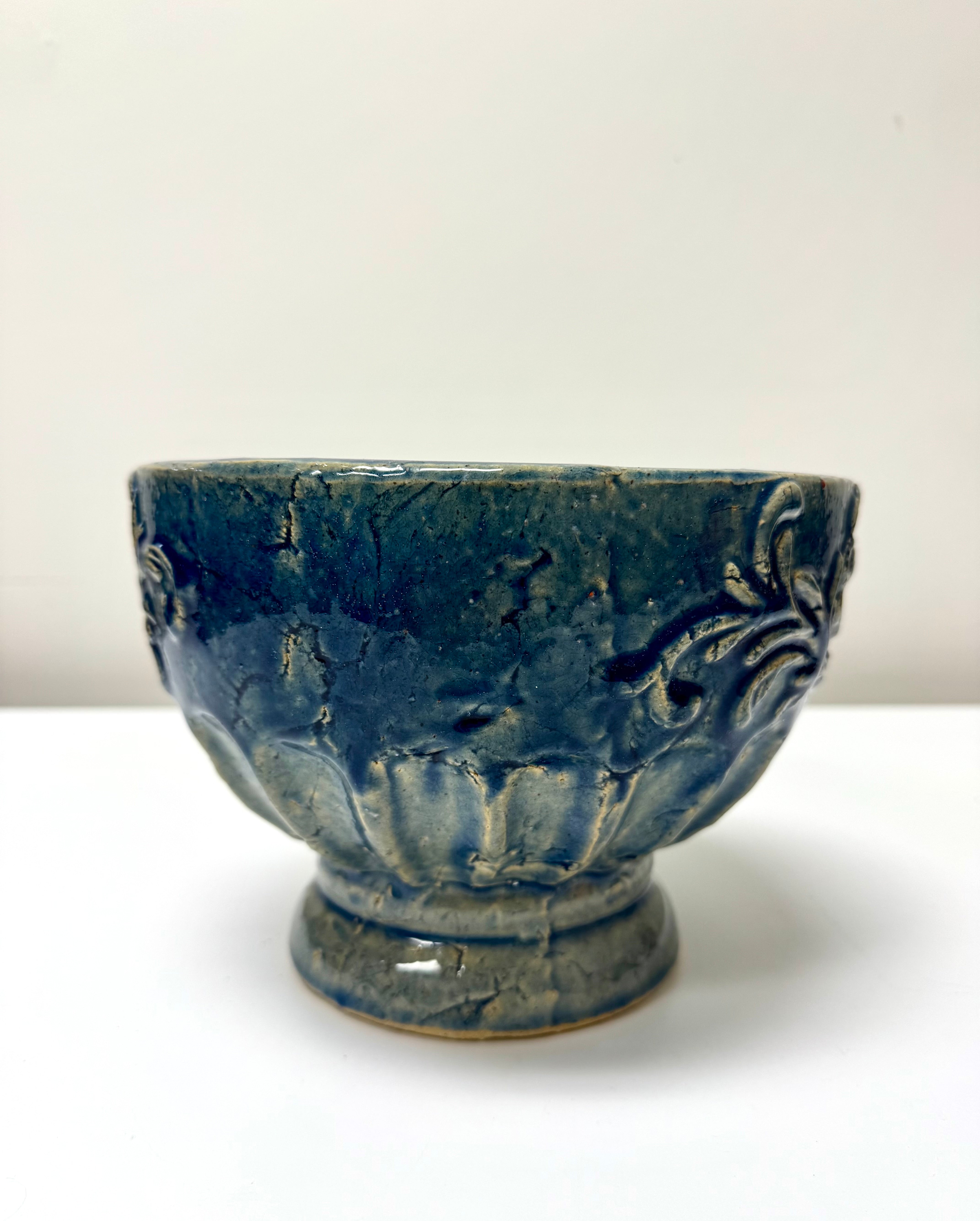 Blue Embossed Floral Pedestal Planter
