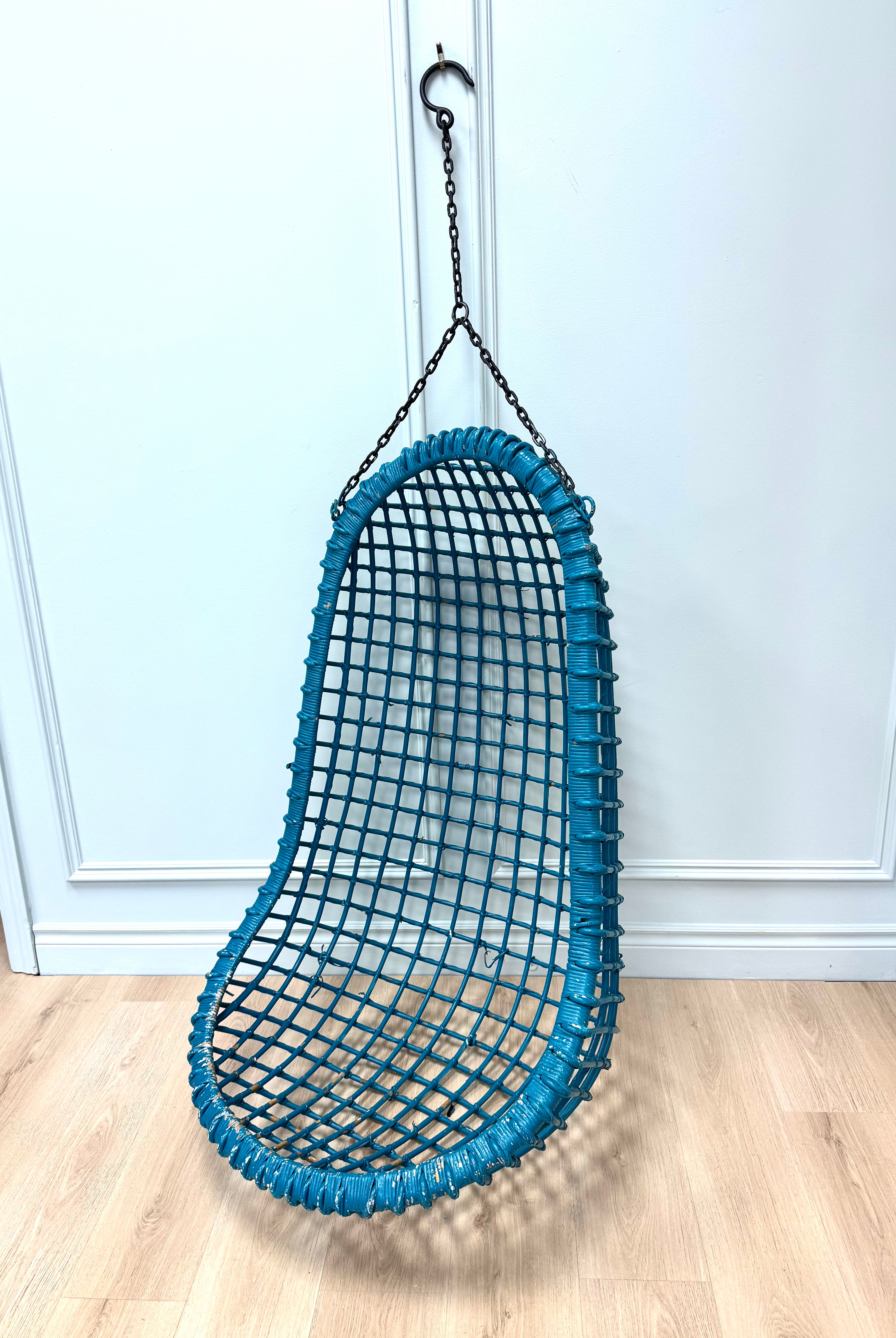 Vintage Teal Blue Rattan Hanging Egg Chair