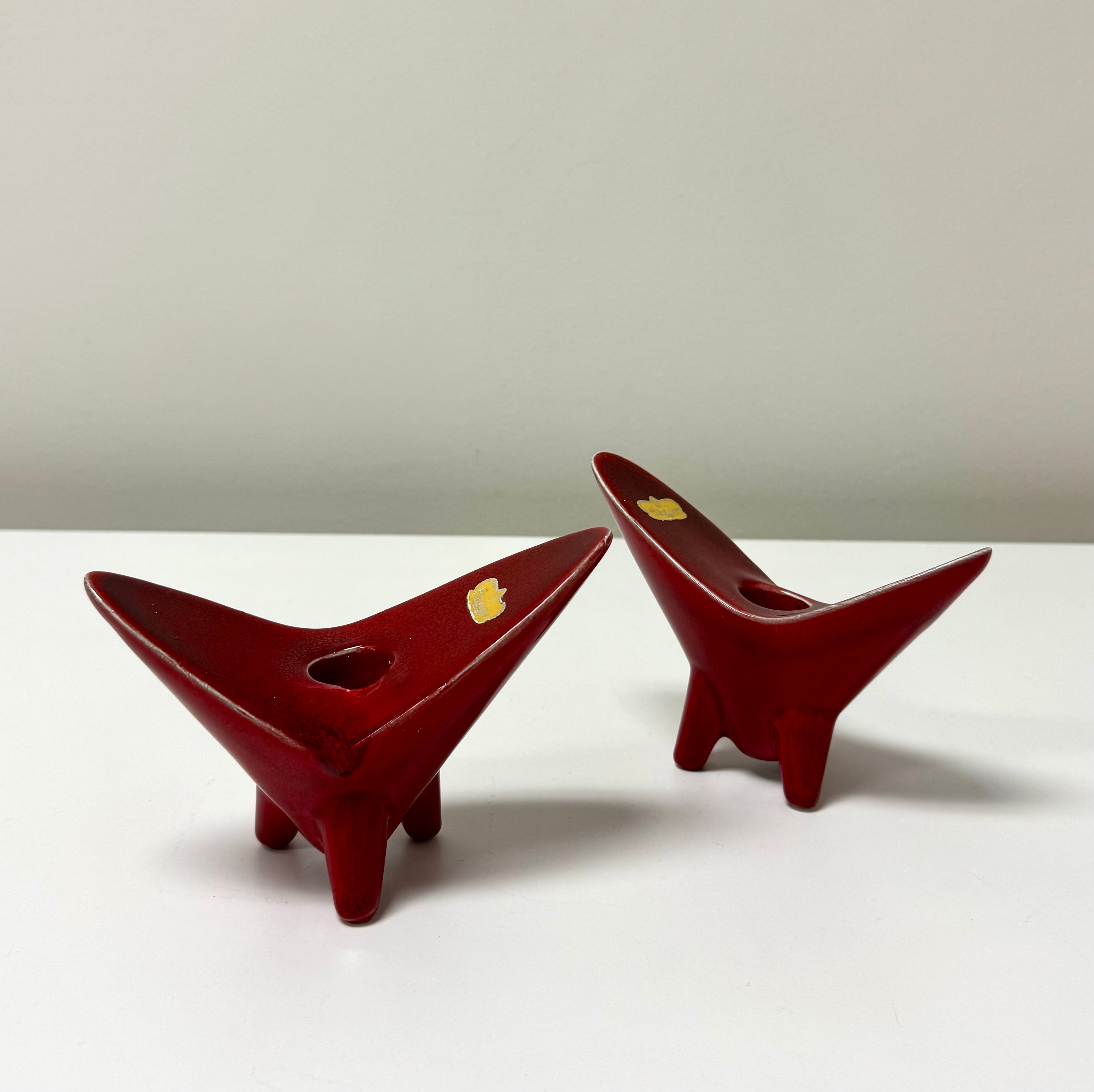 Vintage ROYAL HAEGER MCM Red Ceramic Candle Holders Set of 2