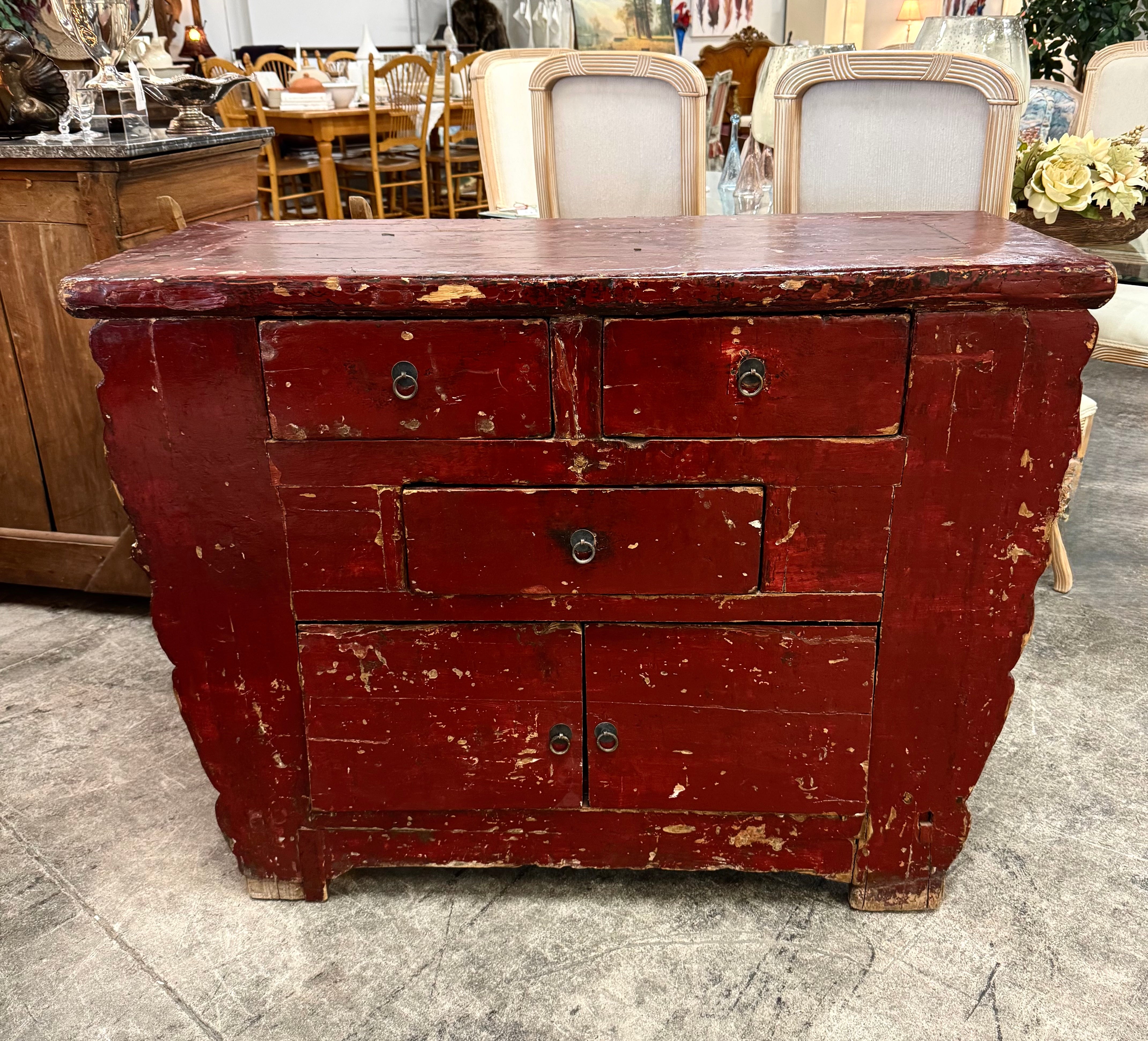 Hand-carved Distressed Red Cabinet