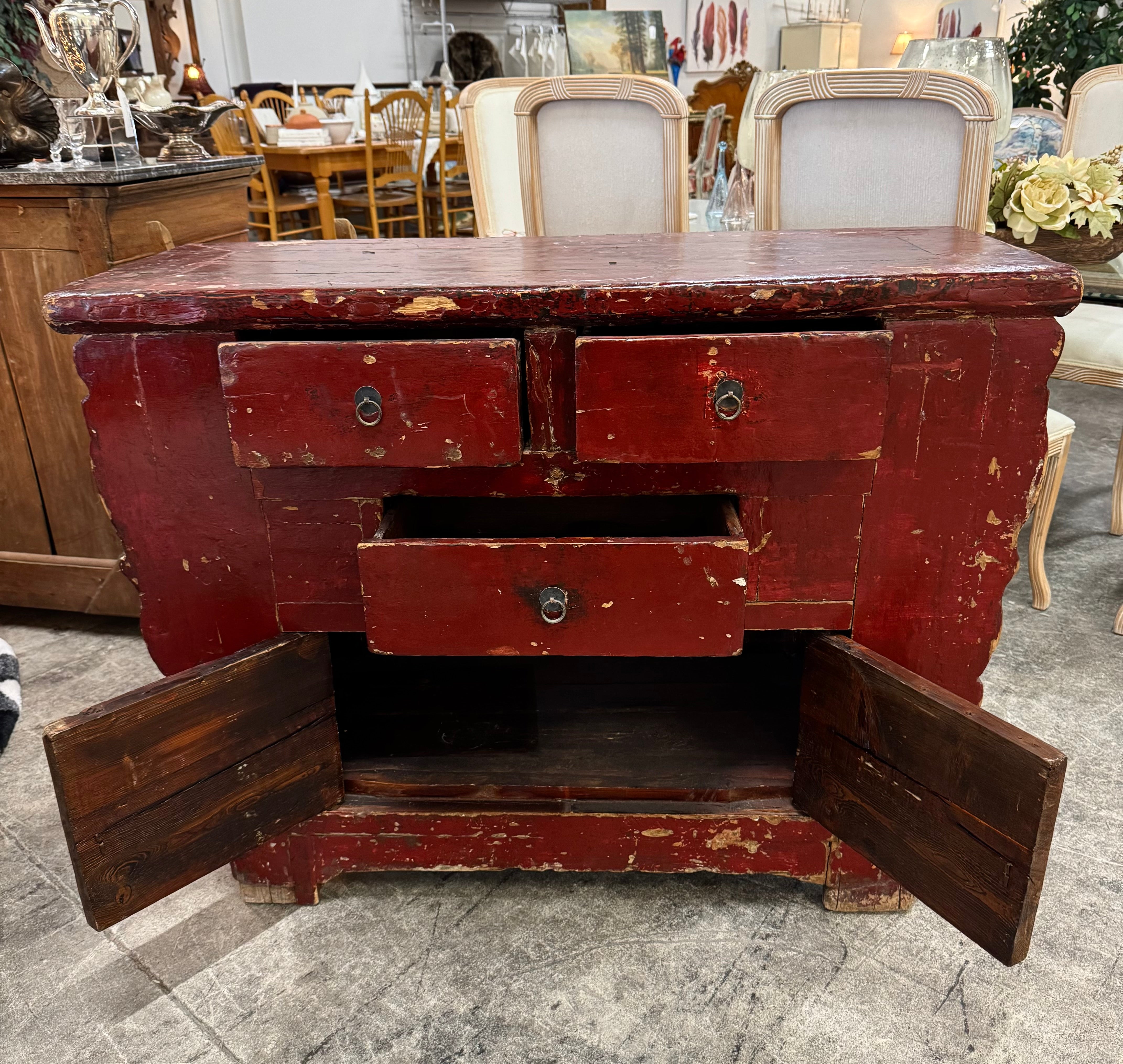 Hand-carved Distressed Red Cabinet