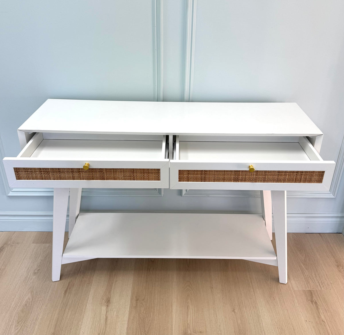 White & Rattan Console Table