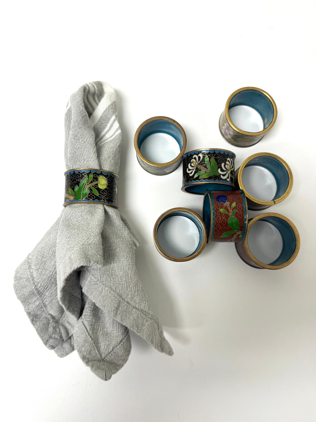 Vintage Cloisonne Enamel Napkin Rings Set of 8