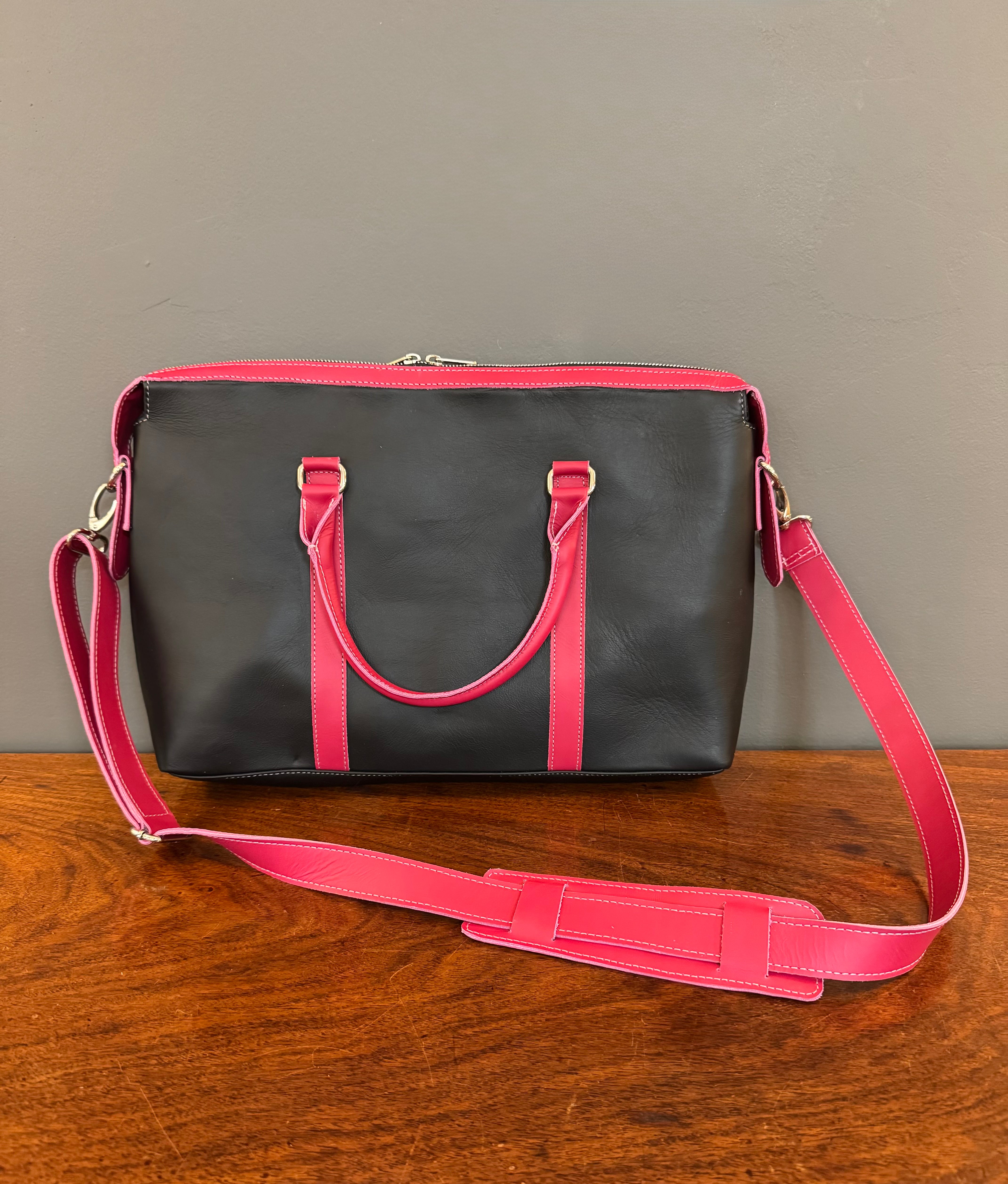 NEW! Black Leather Tote with Fucshia Trim