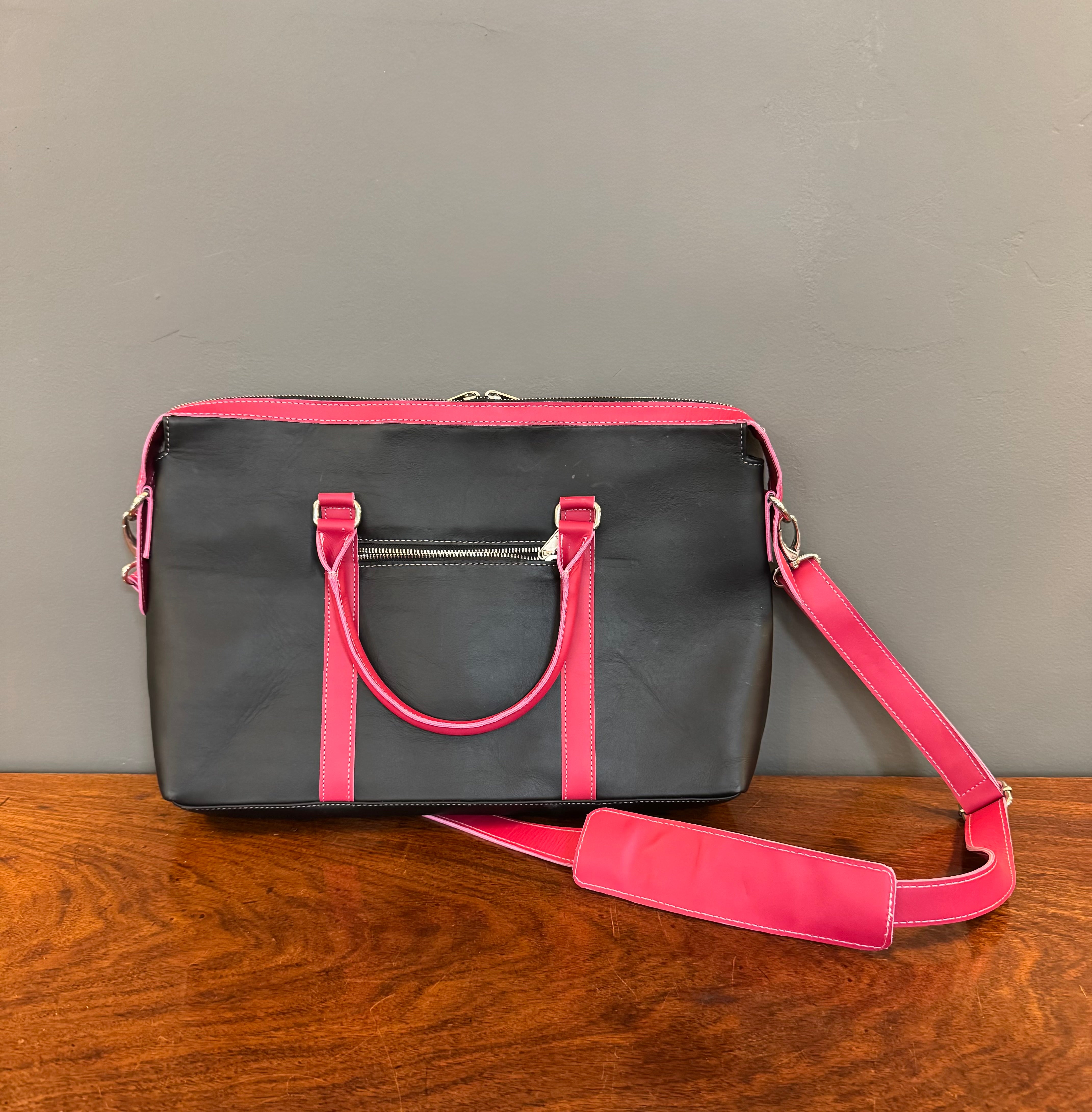 NEW! Black Leather Tote with Fucshia Trim