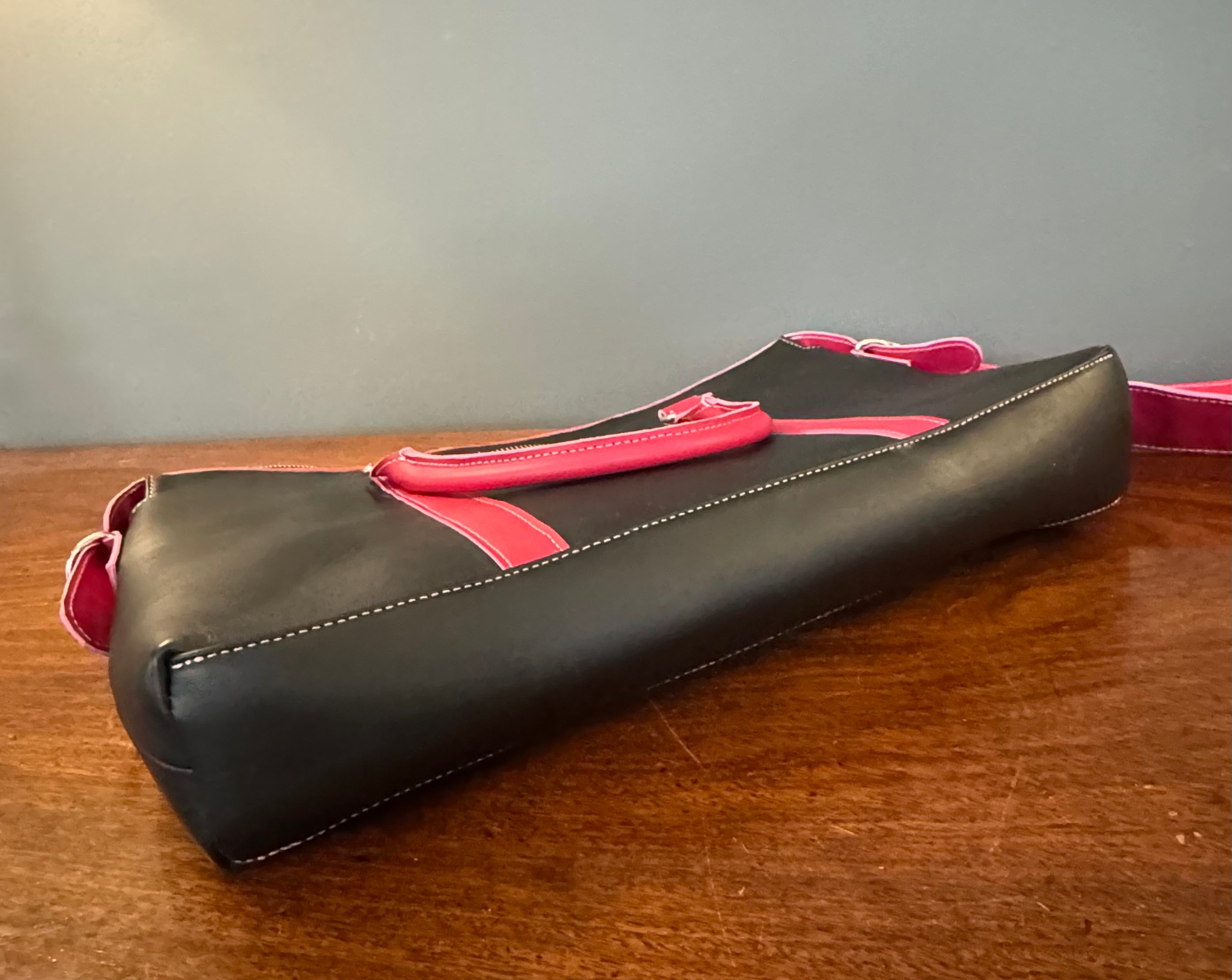 NEW Black Leather Tote with Fucshia Trim
