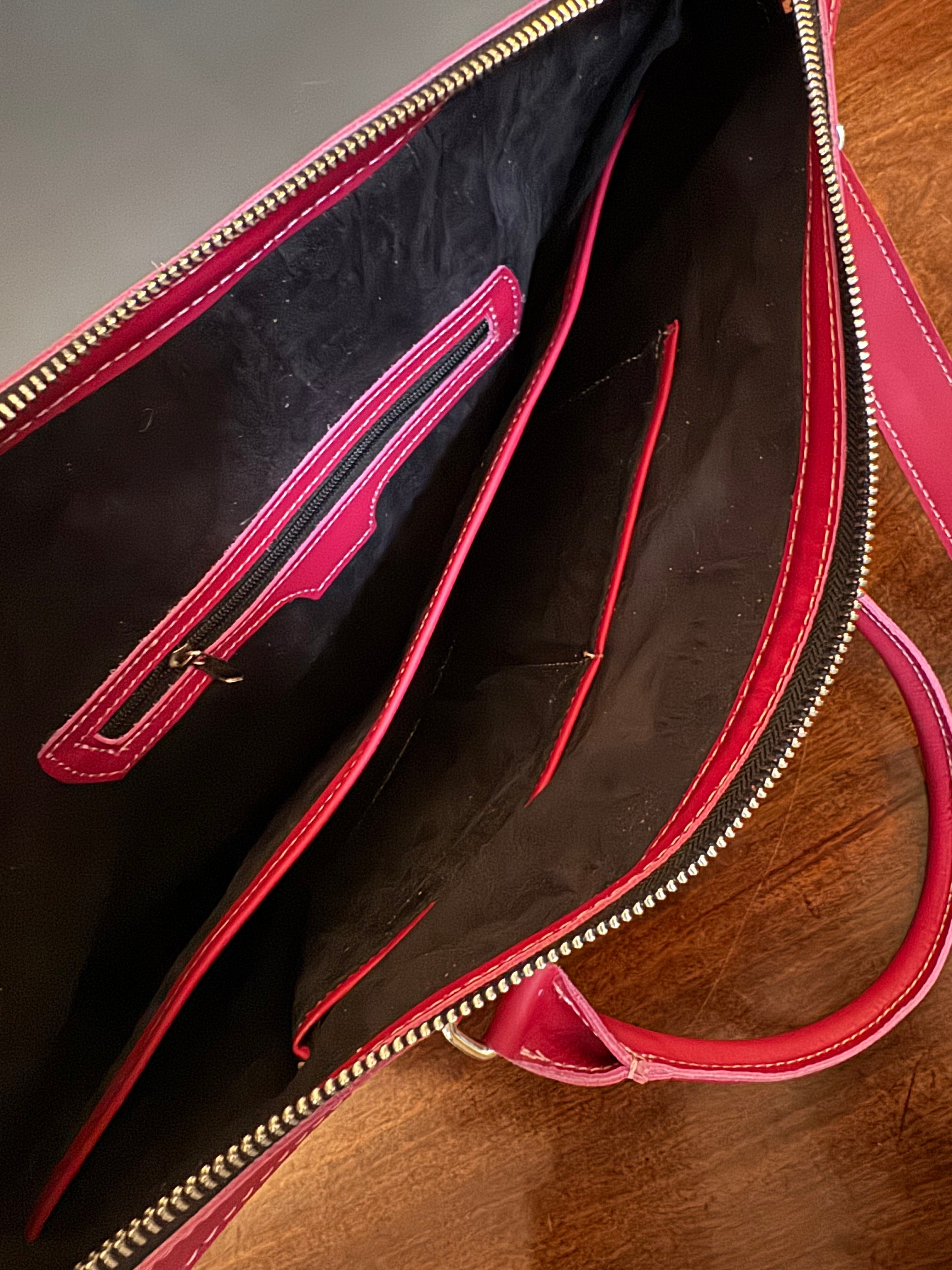 NEW Black Leather Tote with Fucshia Trim