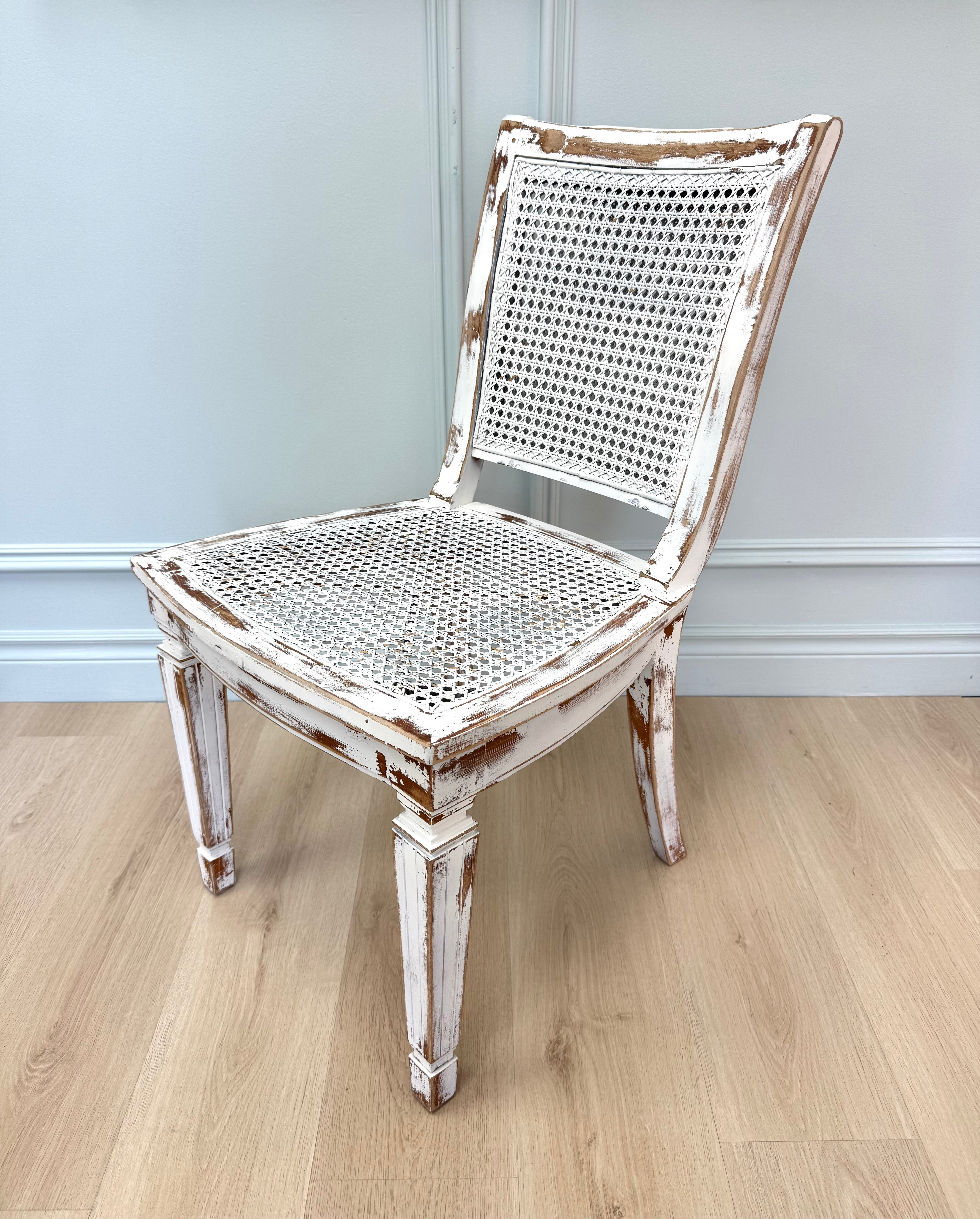 French Vintage Distressed White Cane Chair