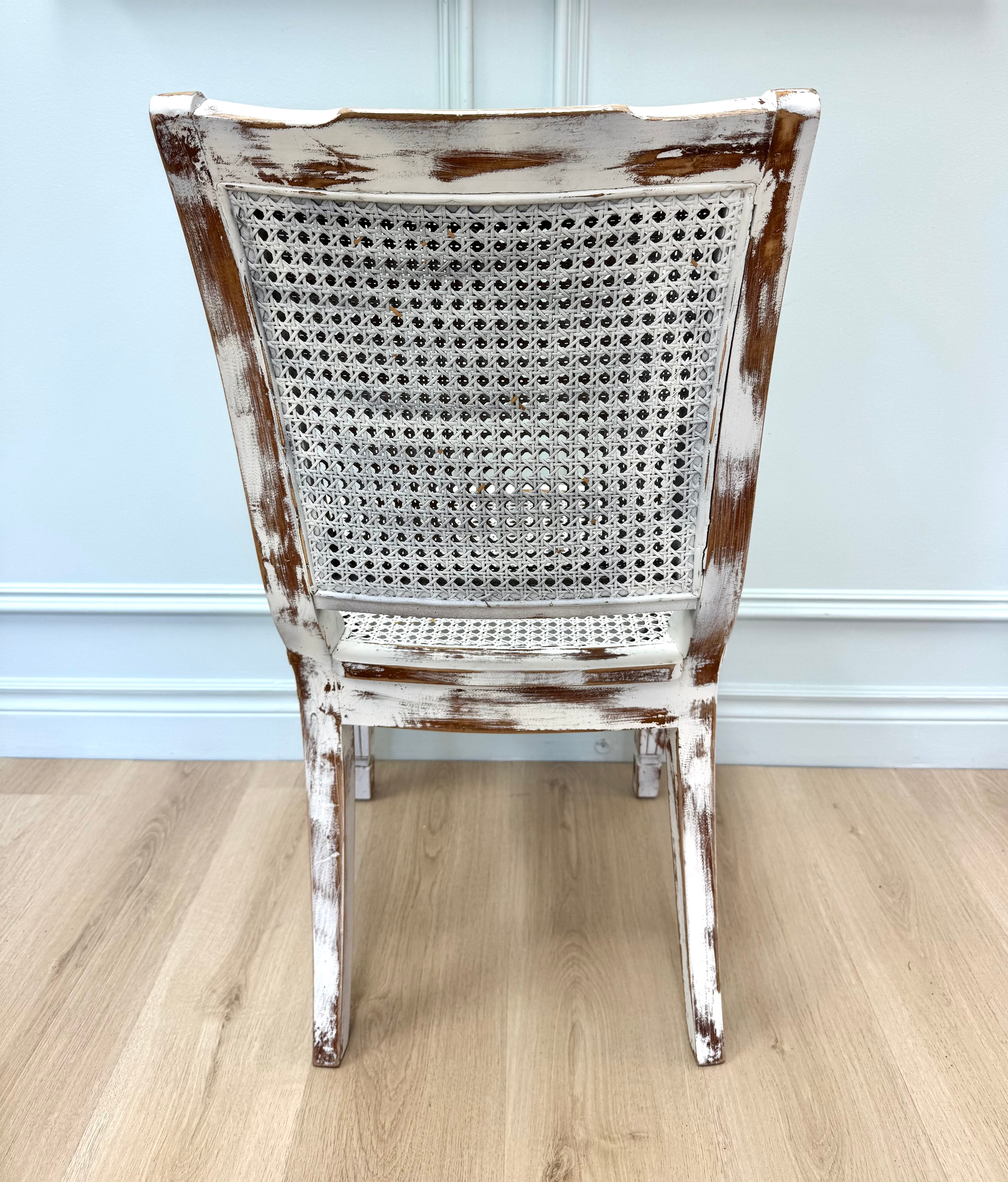 French Vintage Distressed White Cane Chair