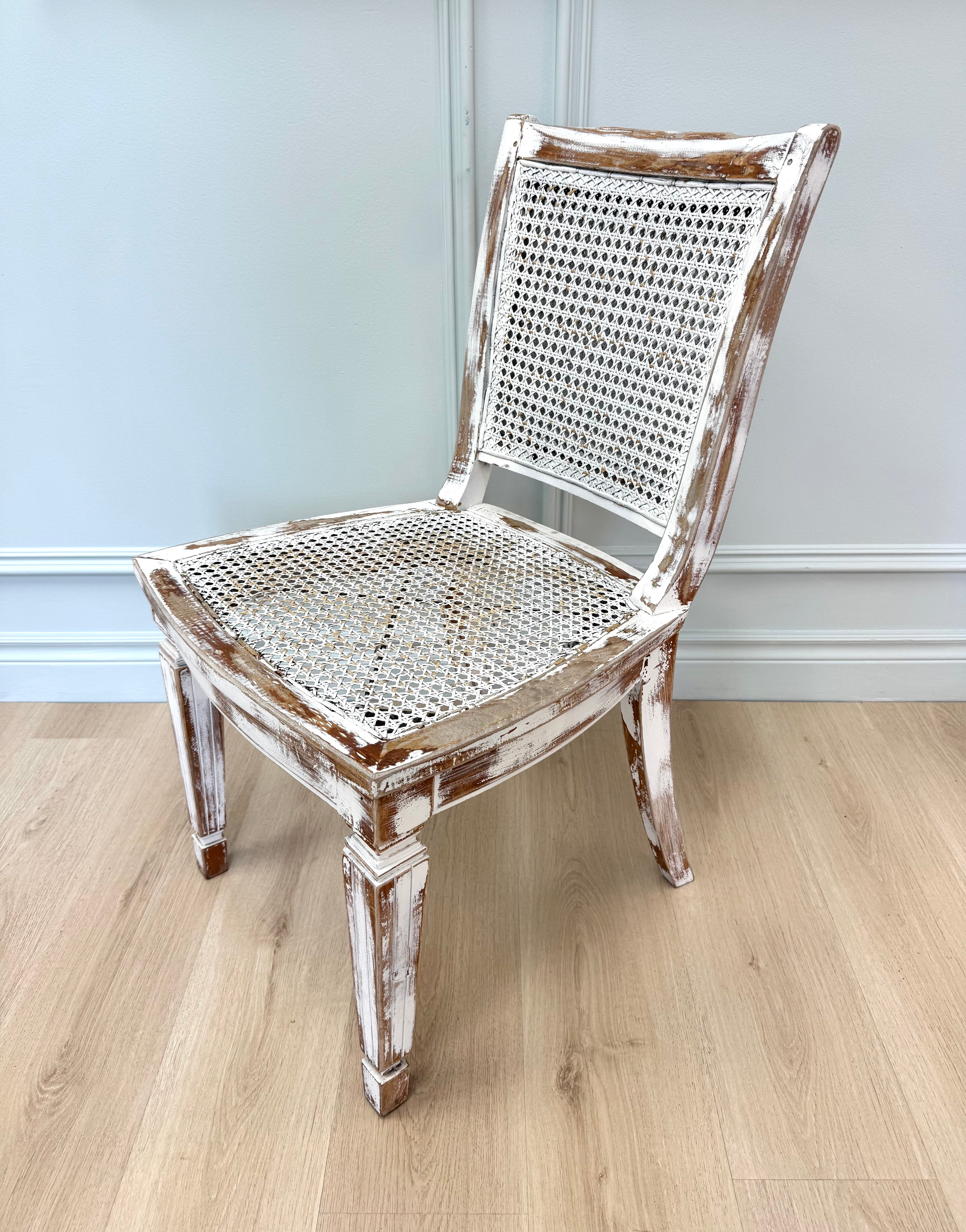 French Vintage Distressed White Cane Chair
