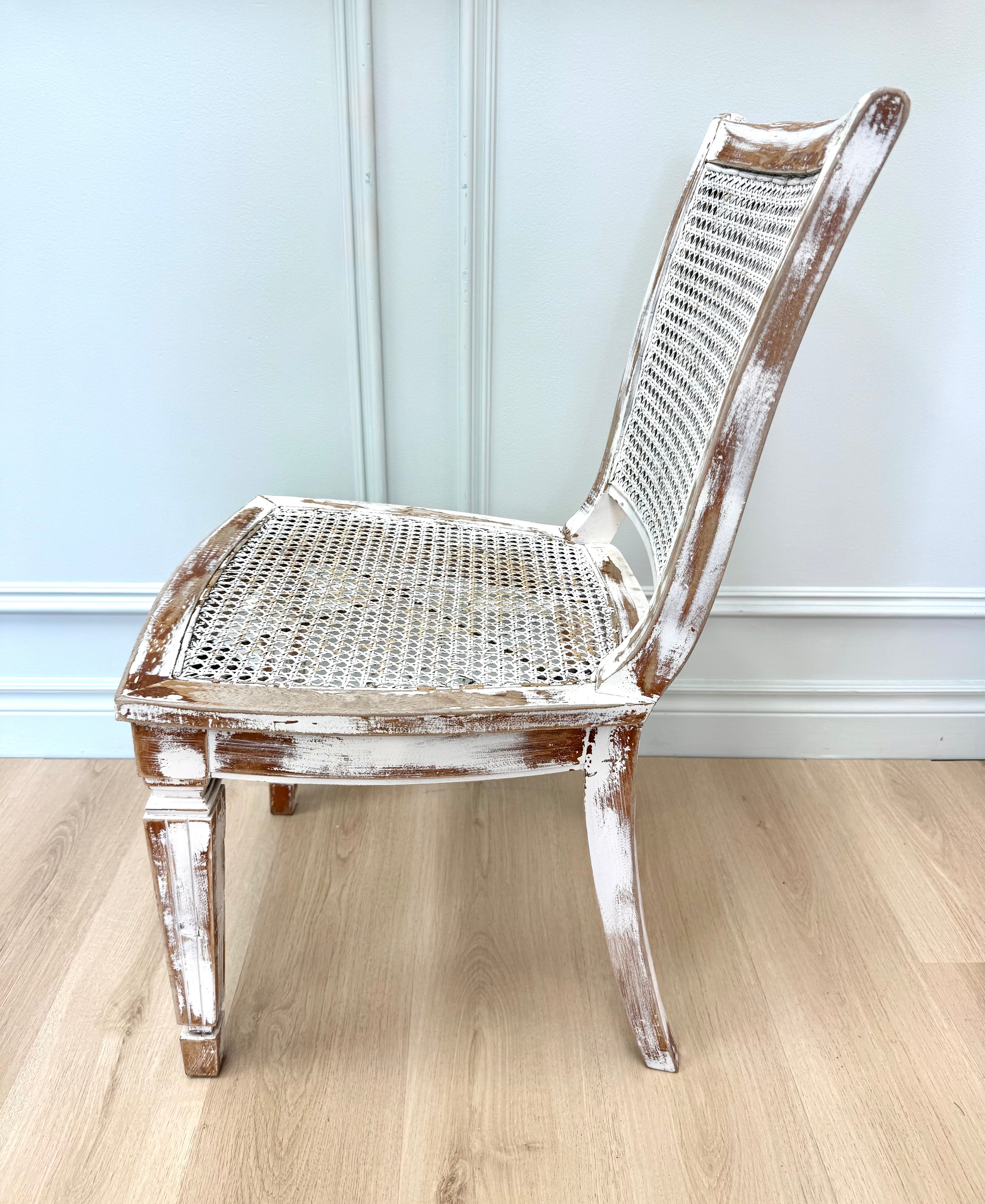 French Vintage Distressed White Cane Chair