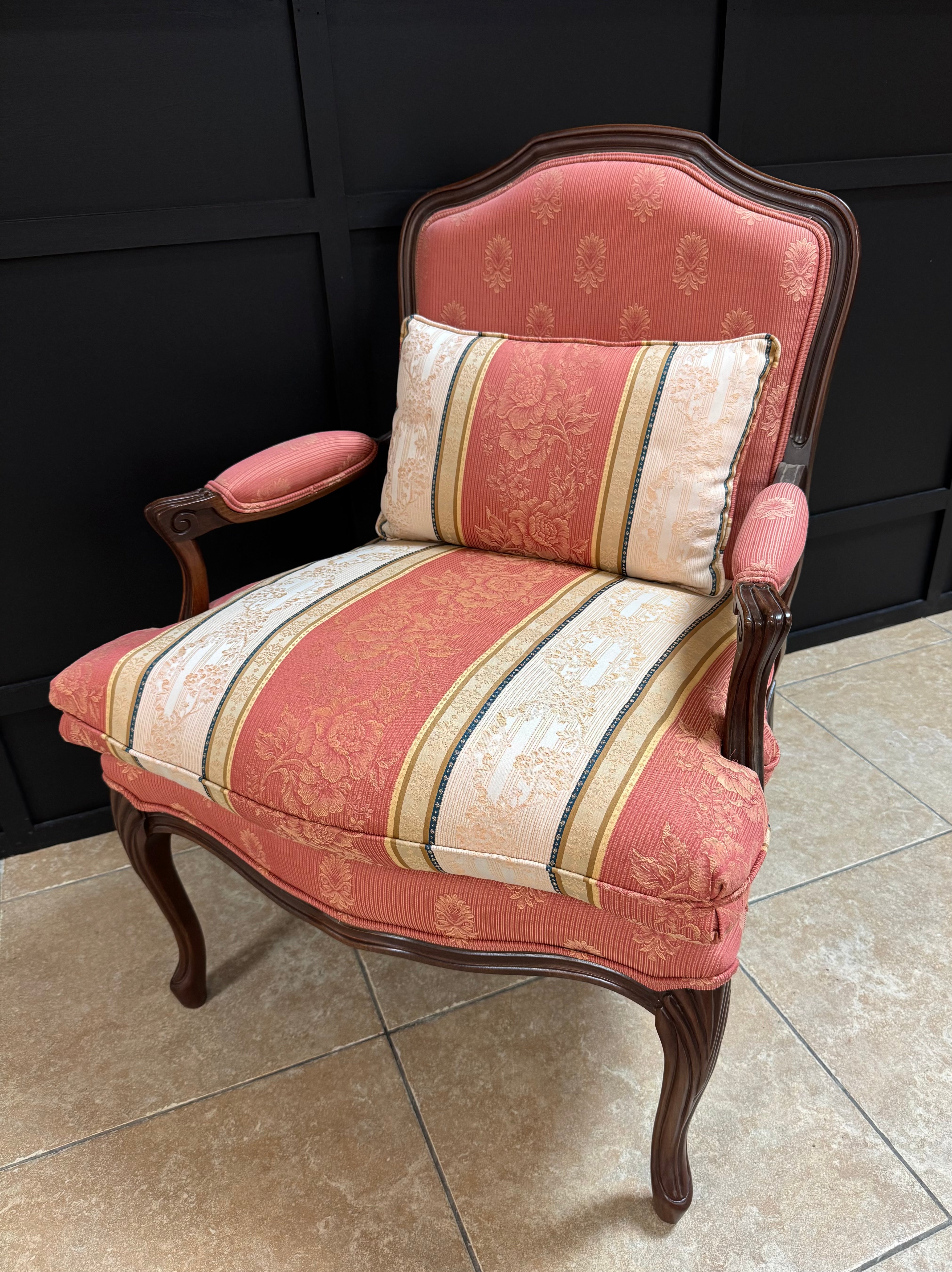 Pink Coral and Cream Damask Bergere Chair