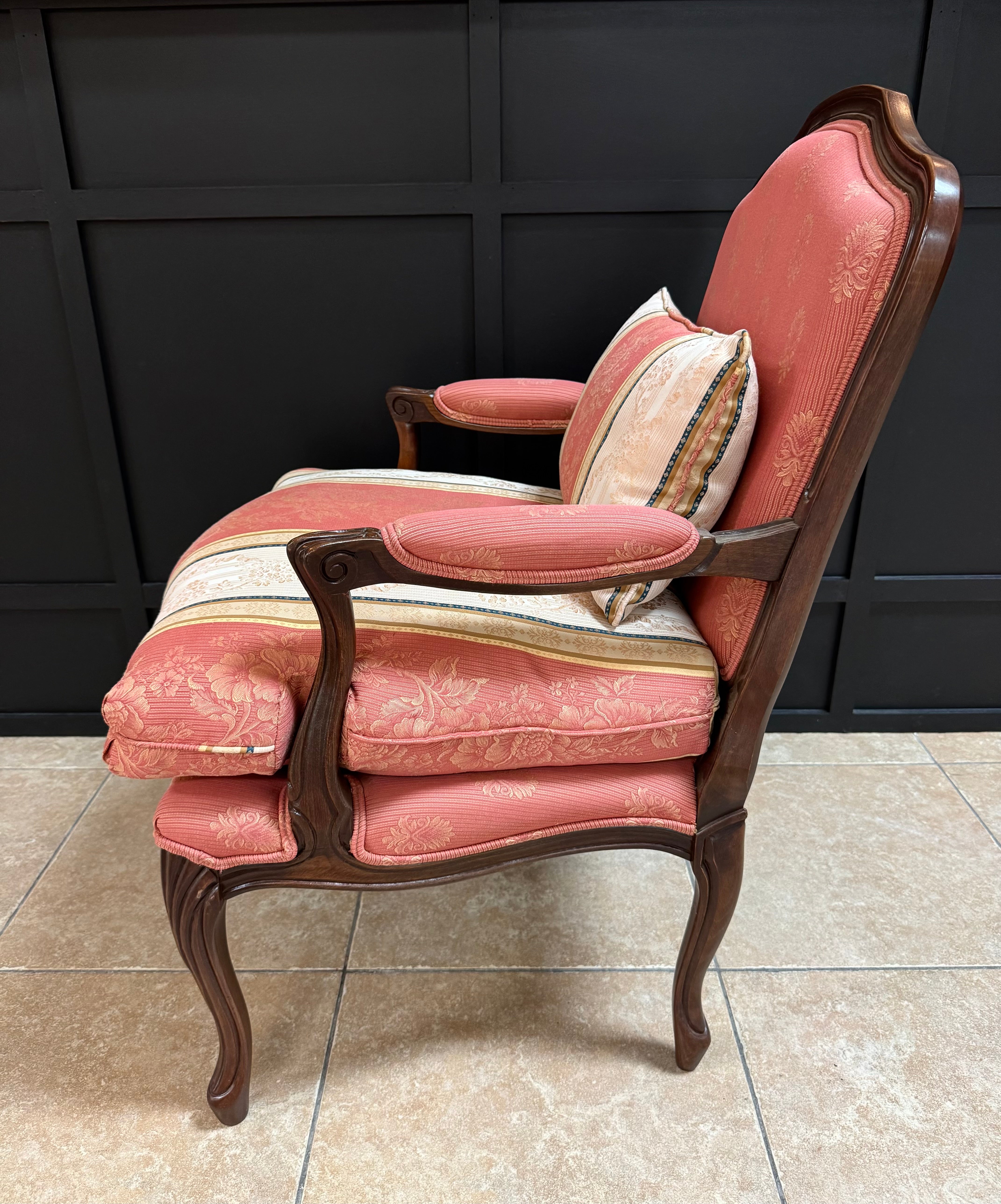 Pink Coral and Cream Damask Bergere Chair