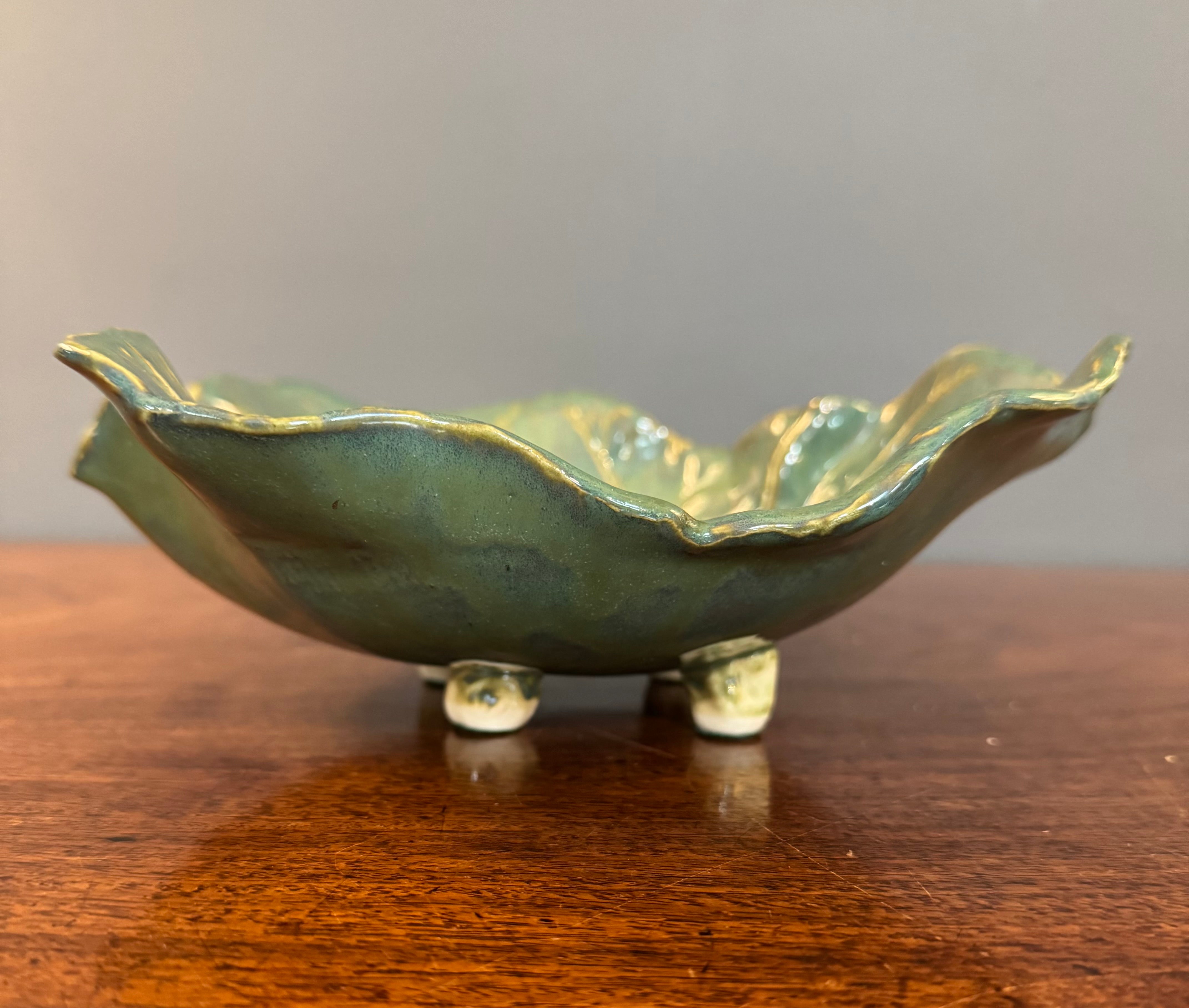 Vintage Hand-made Rhubarb Leaf Footed Dish