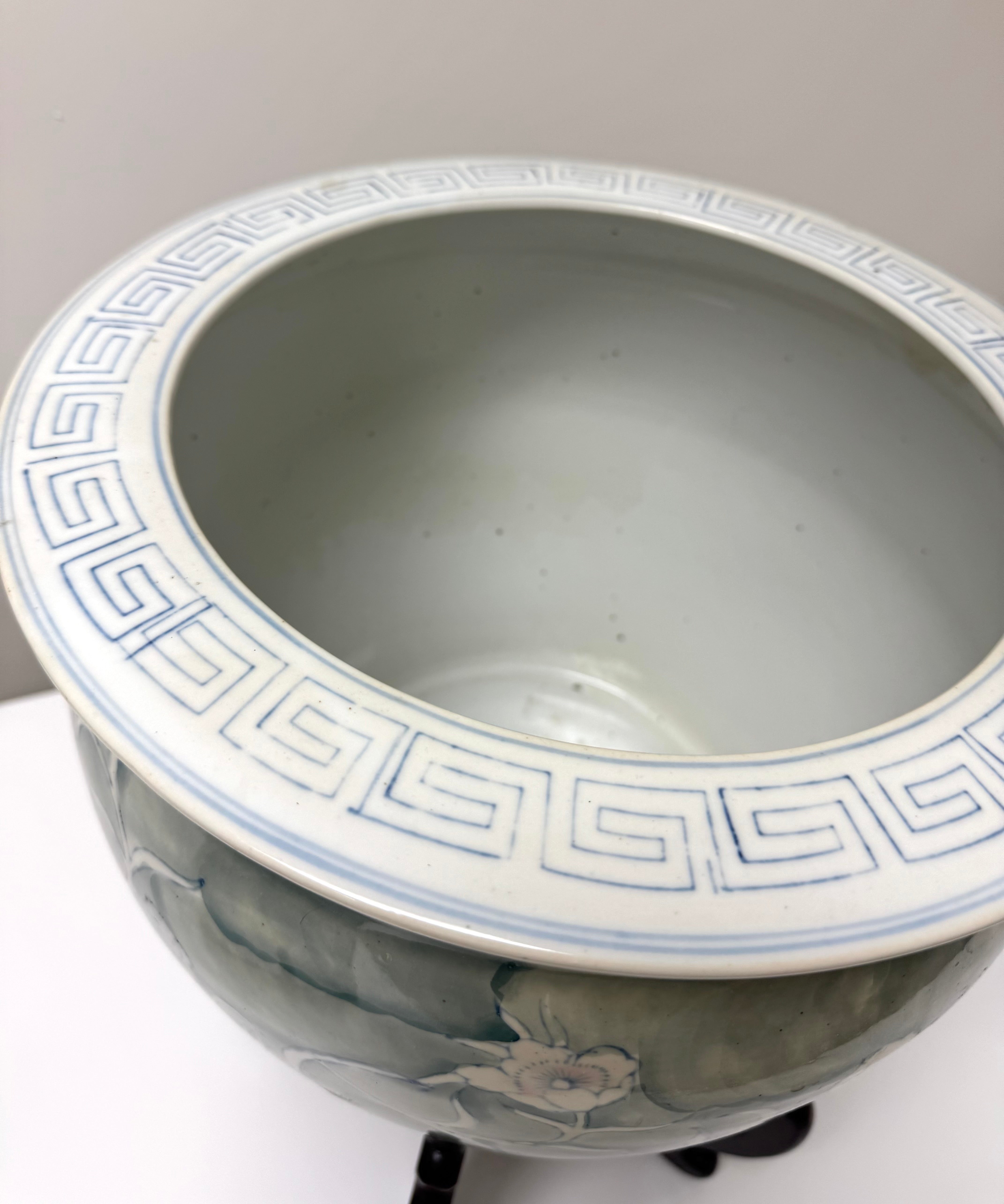 Celadon Floral Jardiniere on Wooden Base