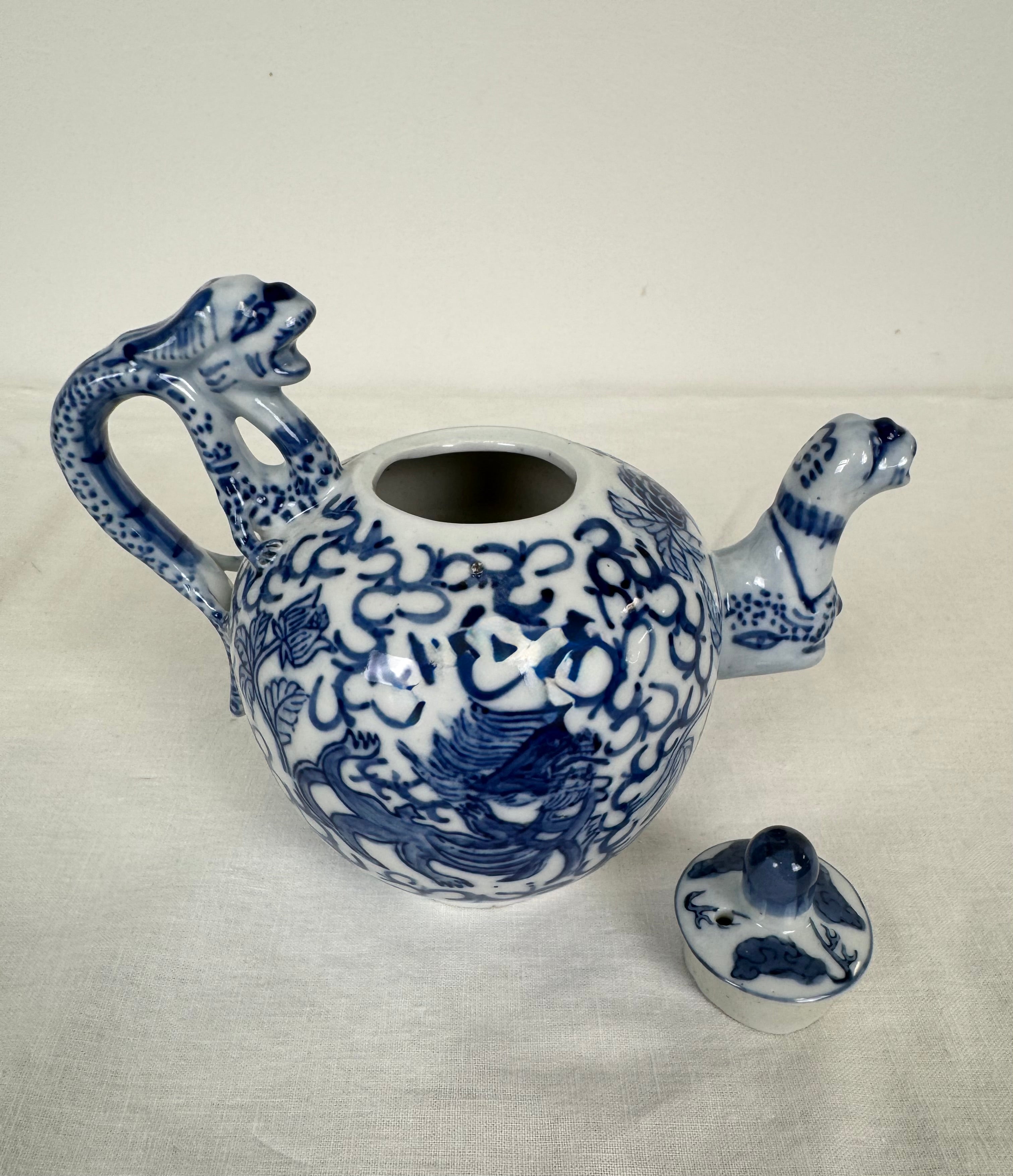Vintage Blue & White Chinese Dragon Teapot