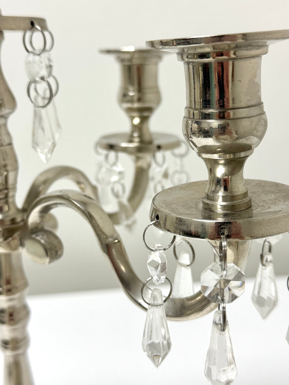 Silver Metal Candelabra with Glass Prism Drops