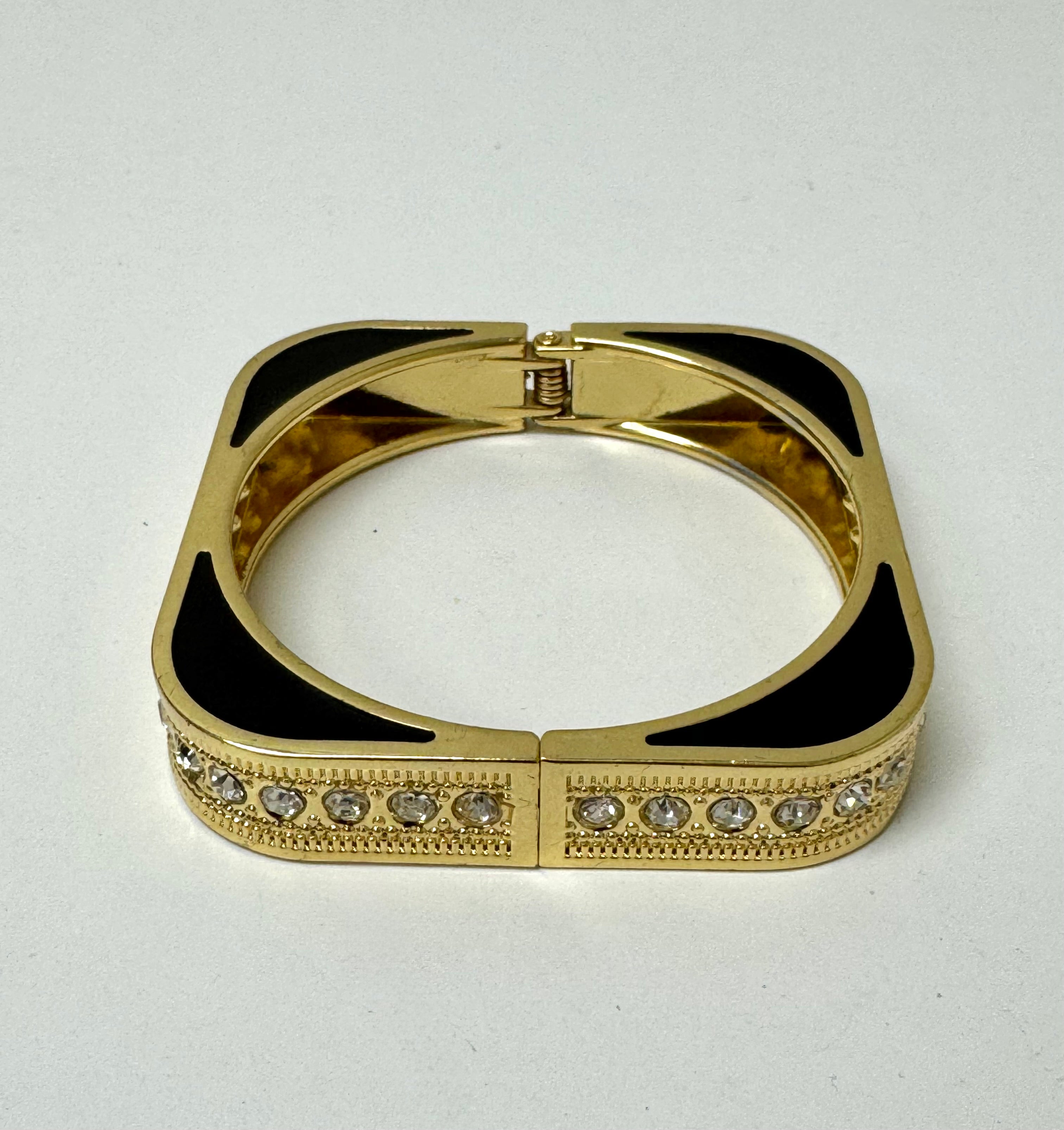 Square Gold Bracelet with Black Enamel & Clear Crystals