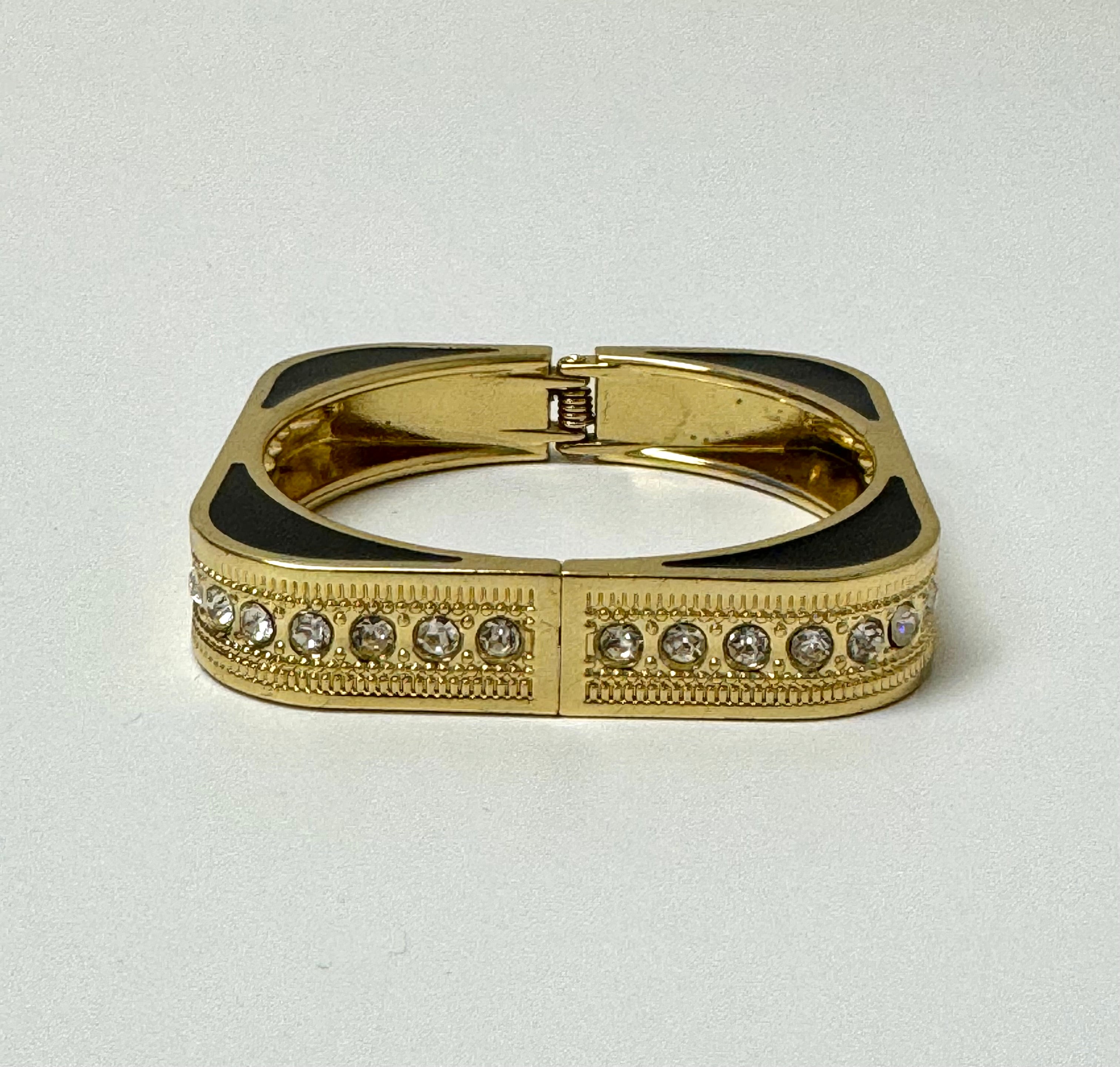 Square Gold Bracelet with Black Enamel & Clear Crystals