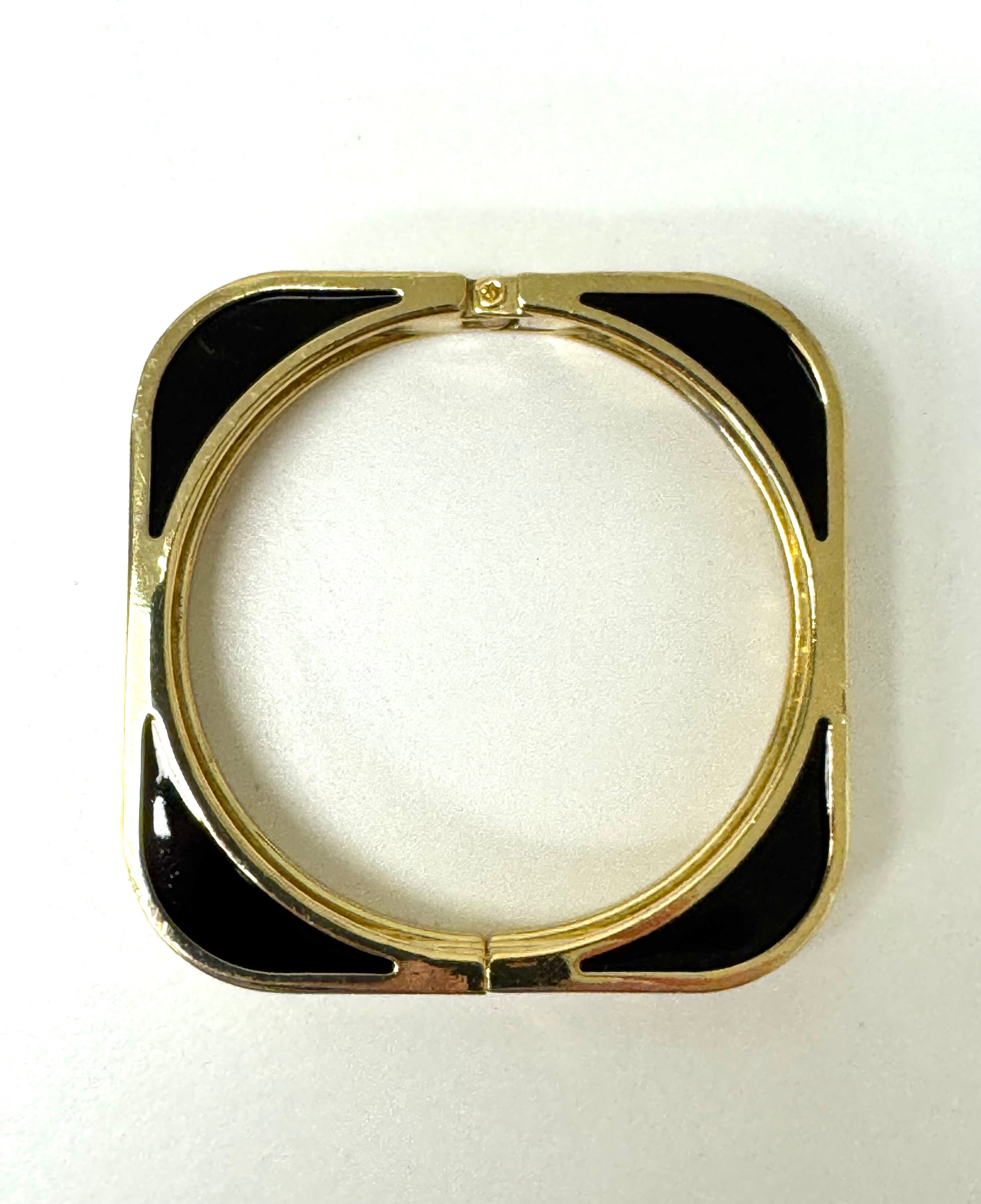 Square Gold Bracelet with Black Enamel & Clear Crystals