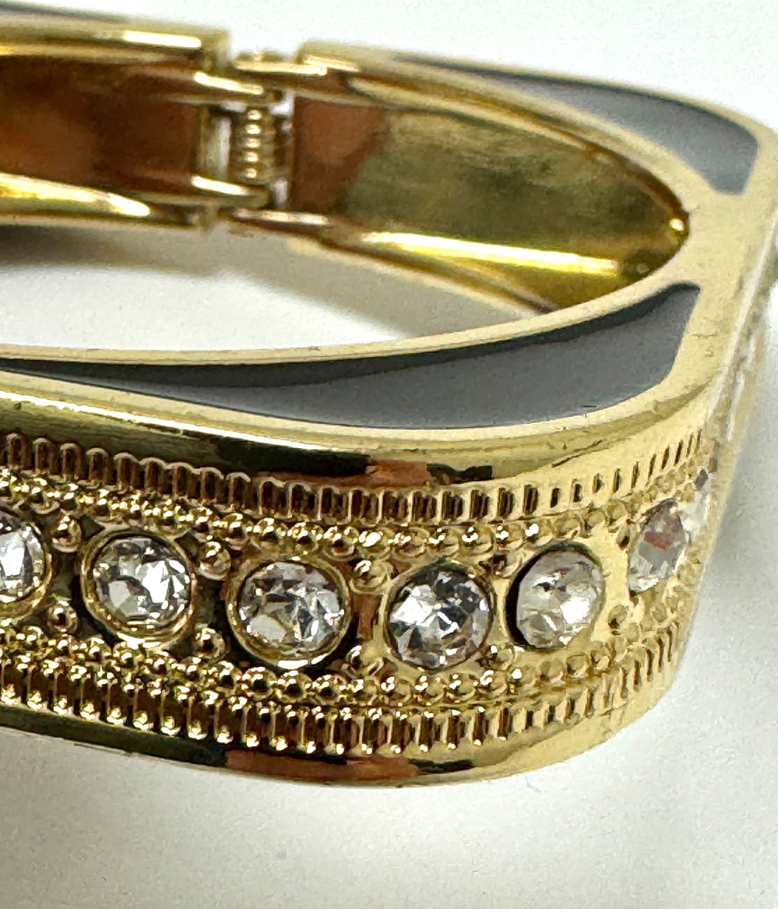 Square Gold Bracelet with Black Enamel & Clear Crystals