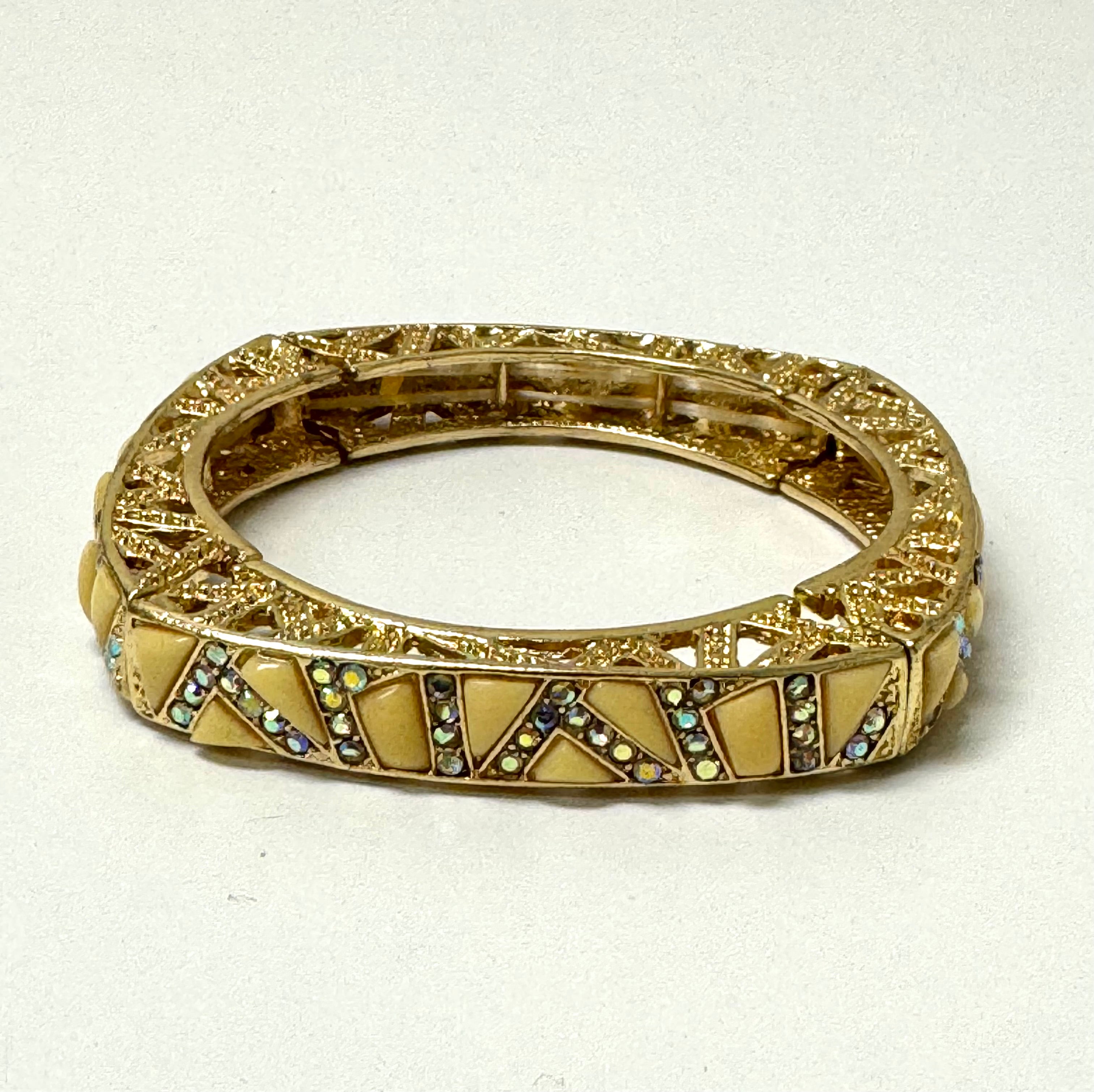 Square Gold Bracelet with Ivory Enamel & Aurora Borealis Crystals