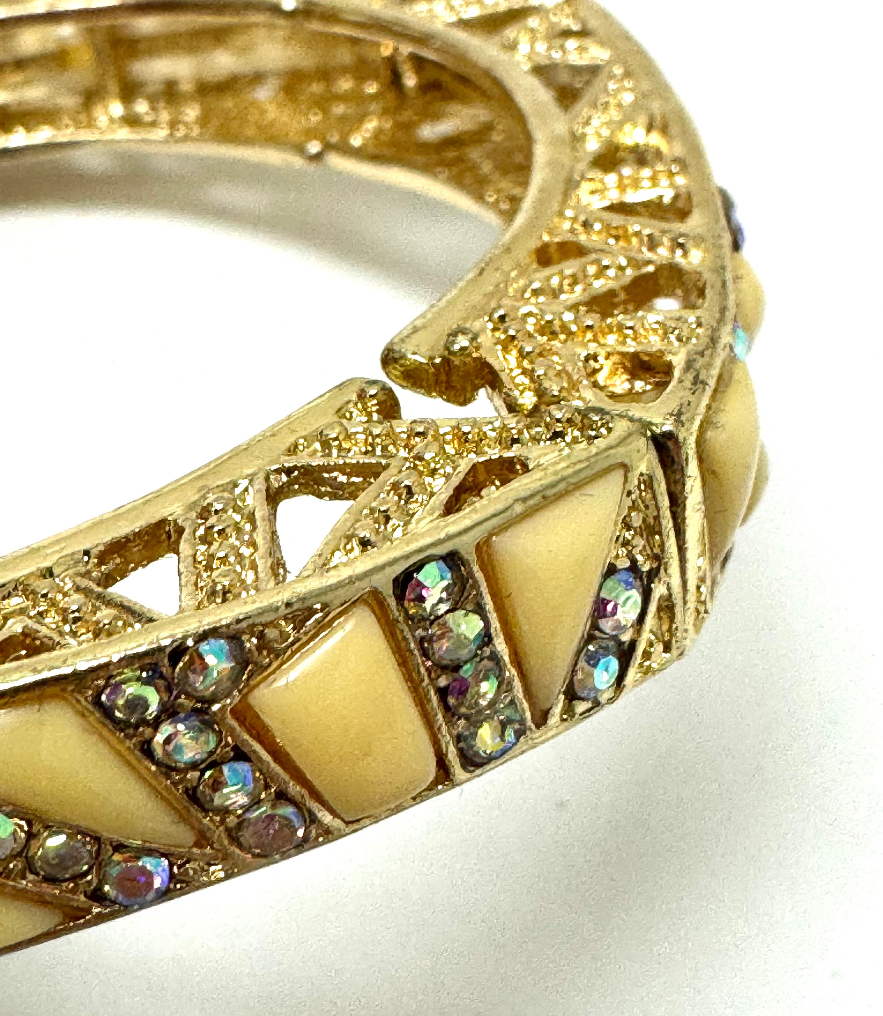 Square Gold Bracelet with Ivory Enamel & Aurora Borealis Crystals