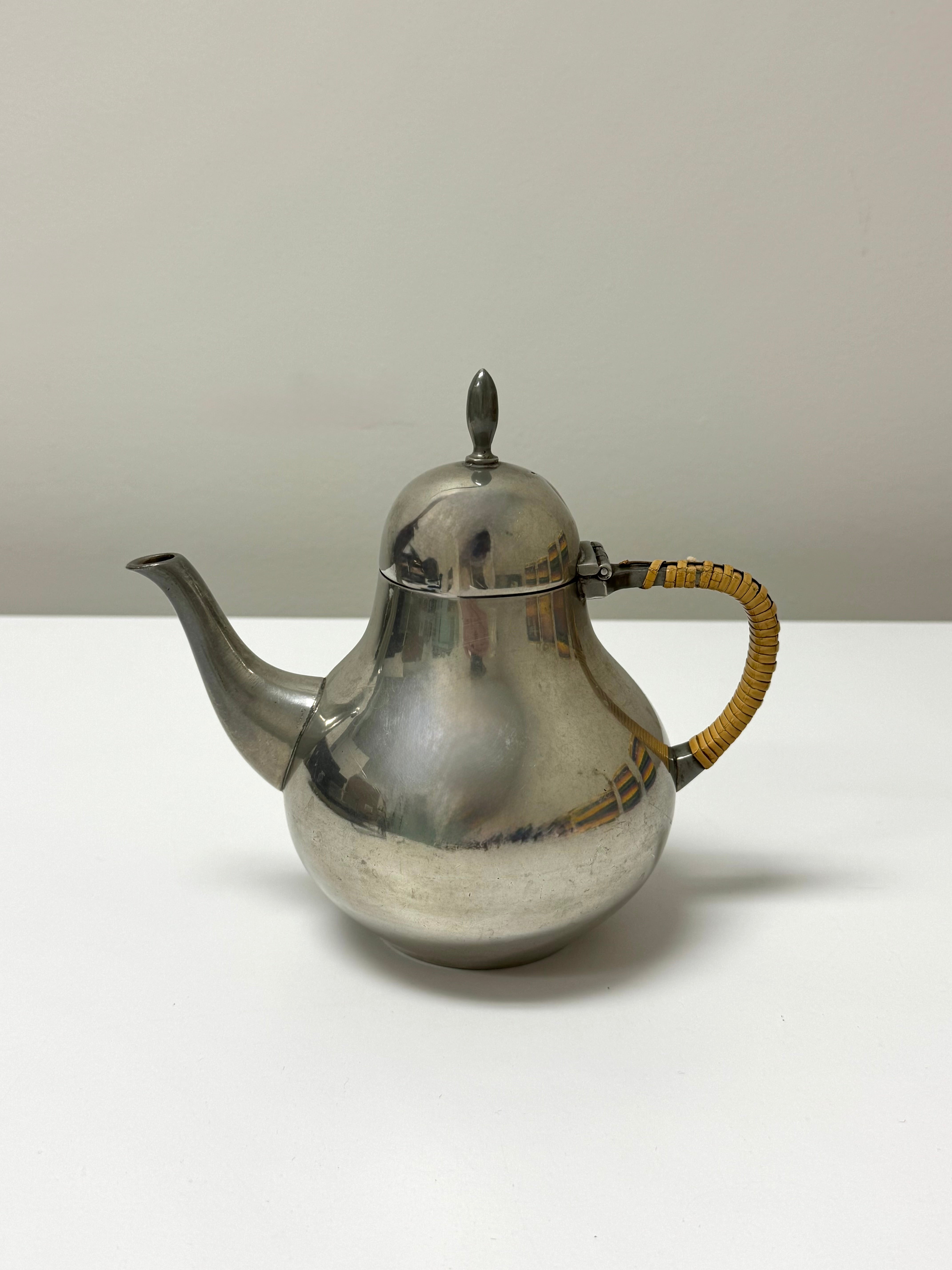 Vintage GERO Pewter Teapot with Wicker-wrapped Handle