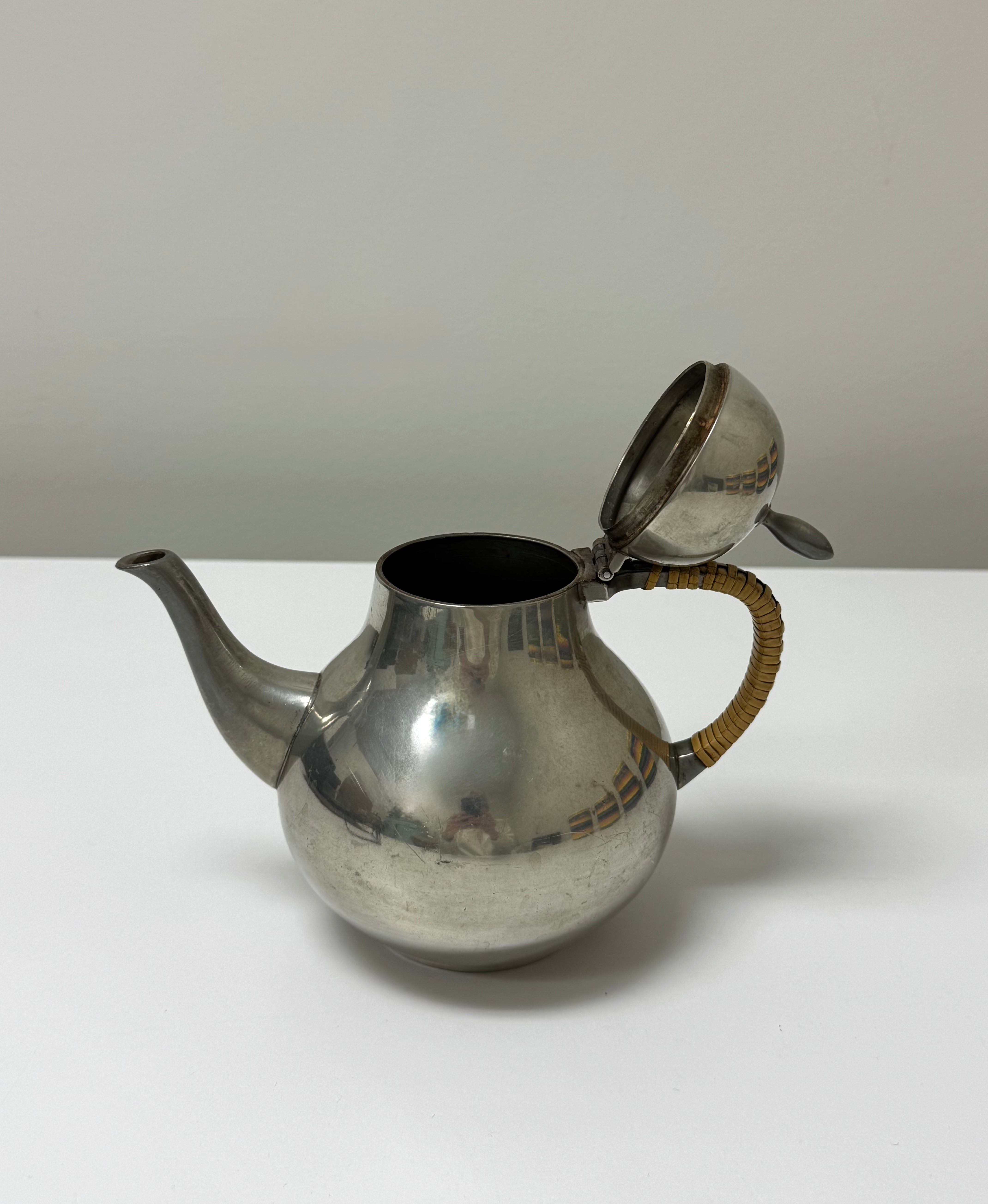 Vintage GERO Pewter Teapot with Wicker-wrapped Handle
