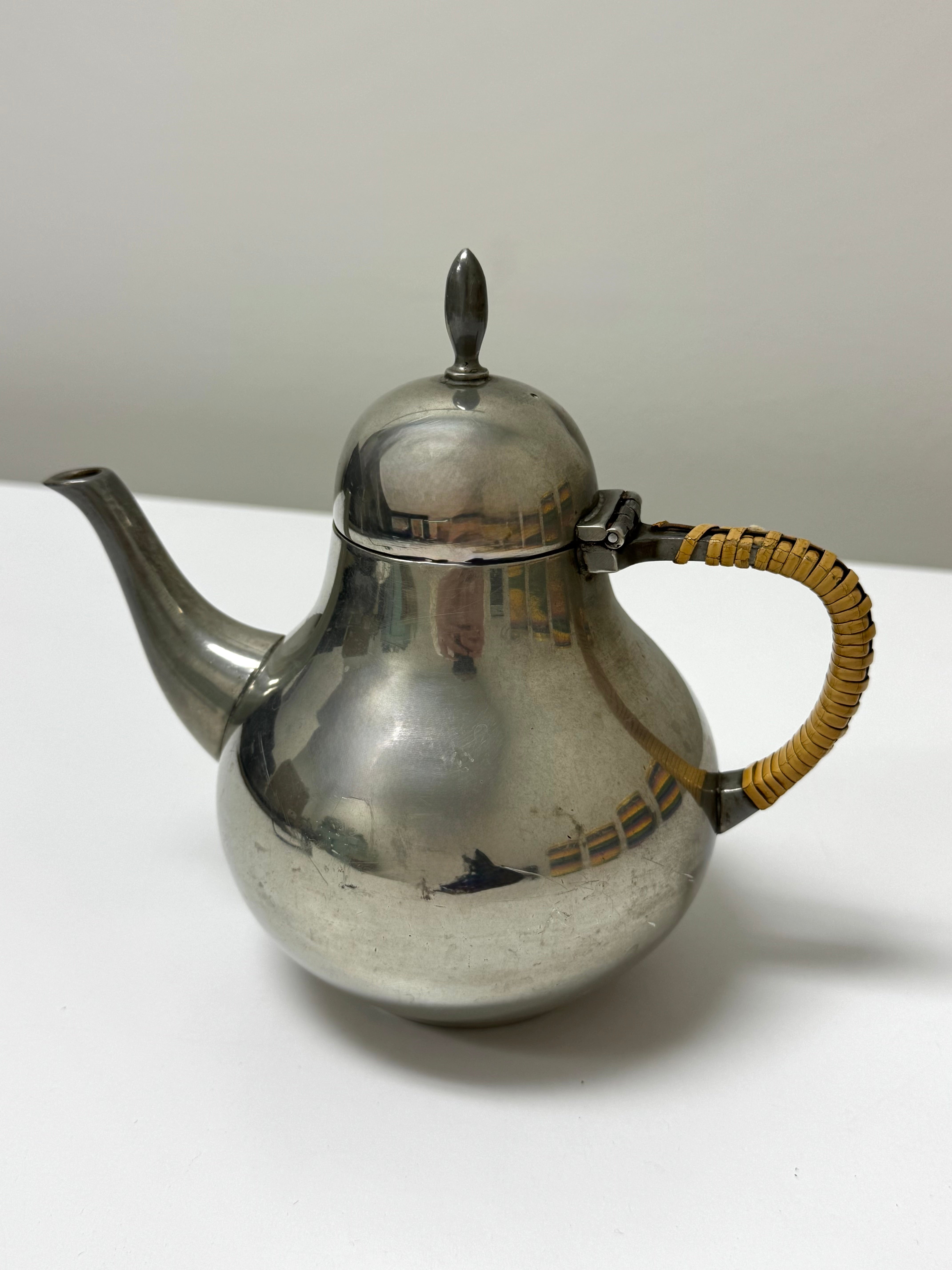 Vintage GERO Pewter Teapot with Wicker-wrapped Handle