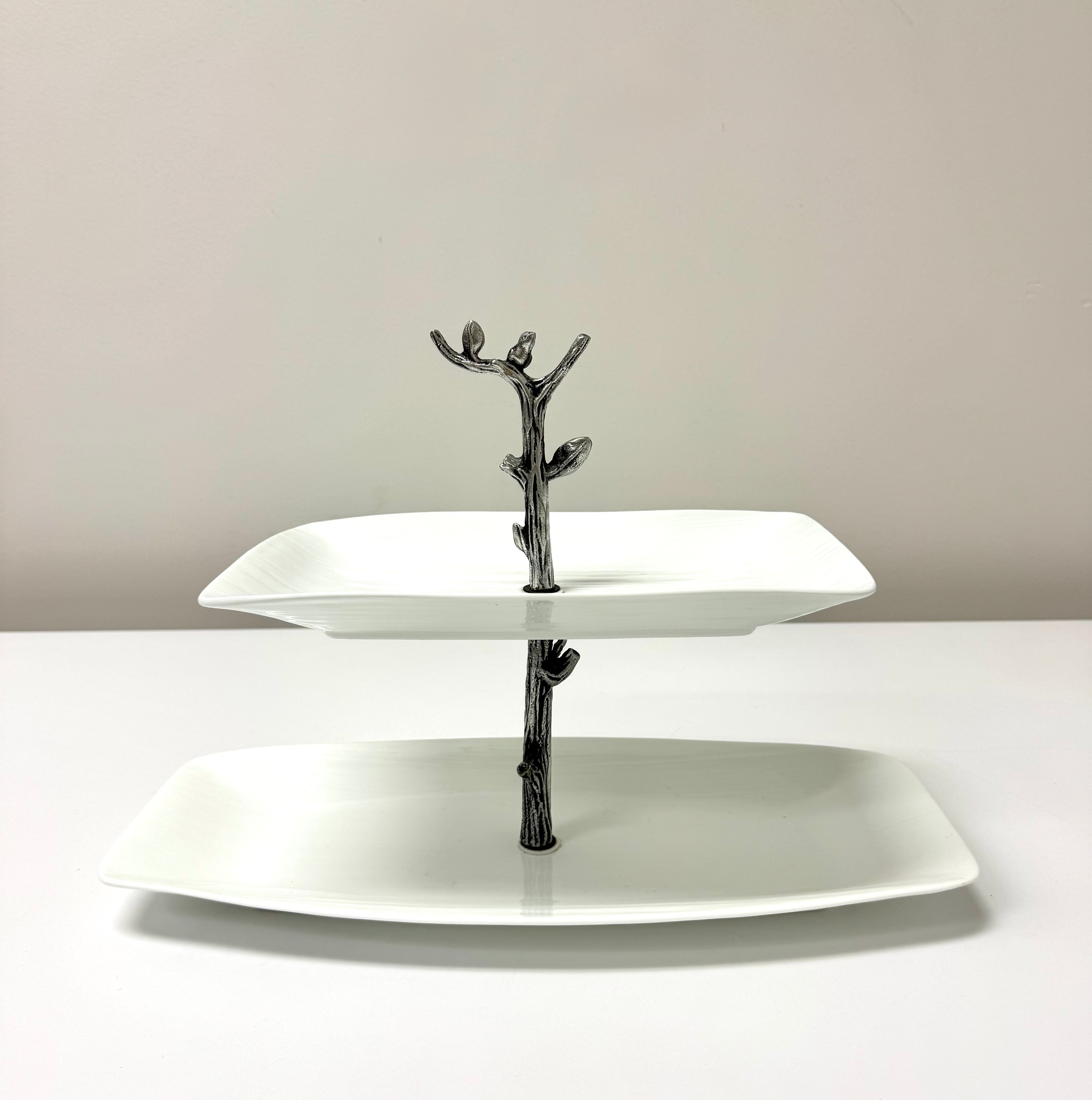 White Ceramic Two-tier Server with Pewter Twig Handle