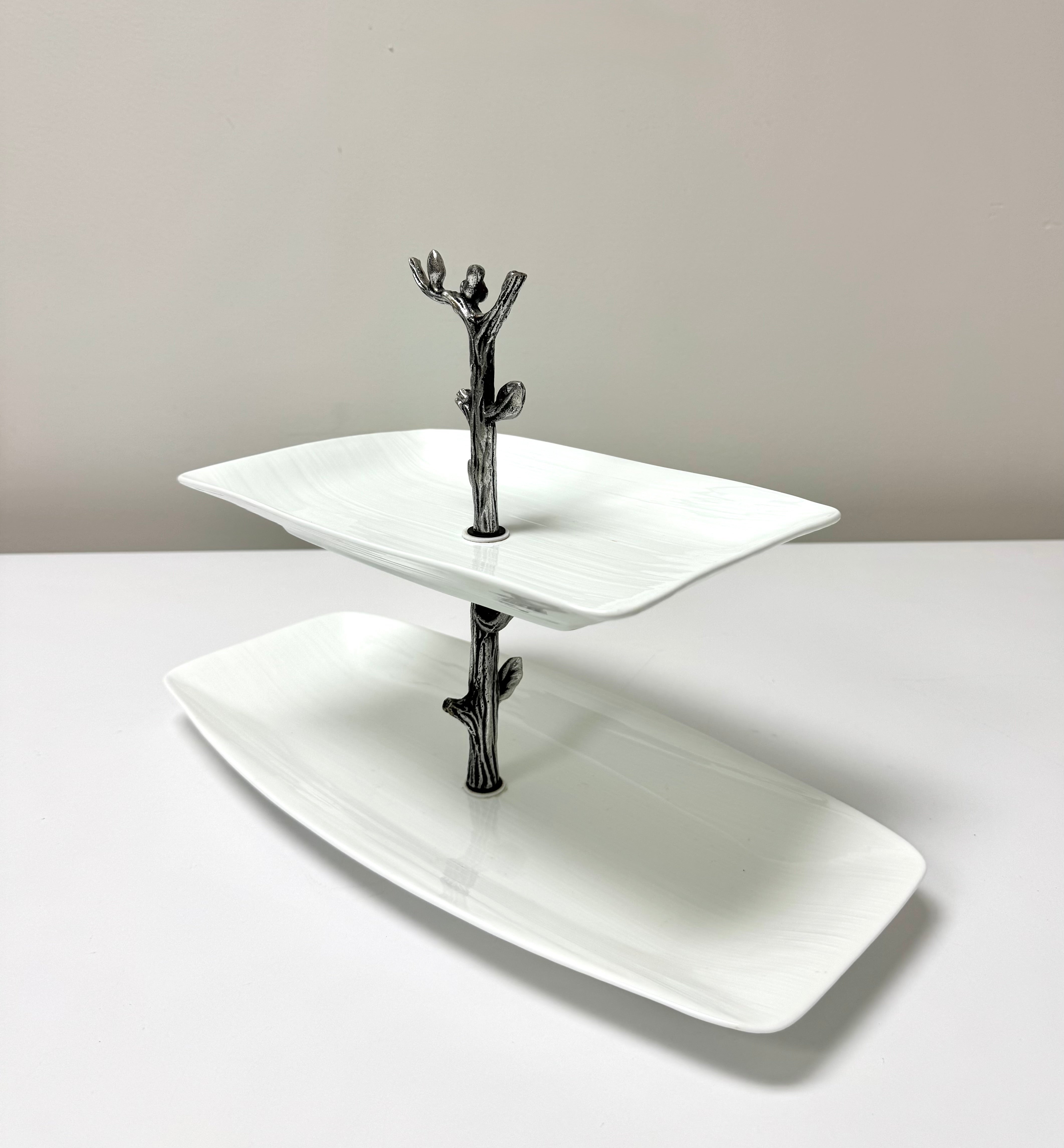 White Ceramic Two-tier Server with Pewter Twig Handle