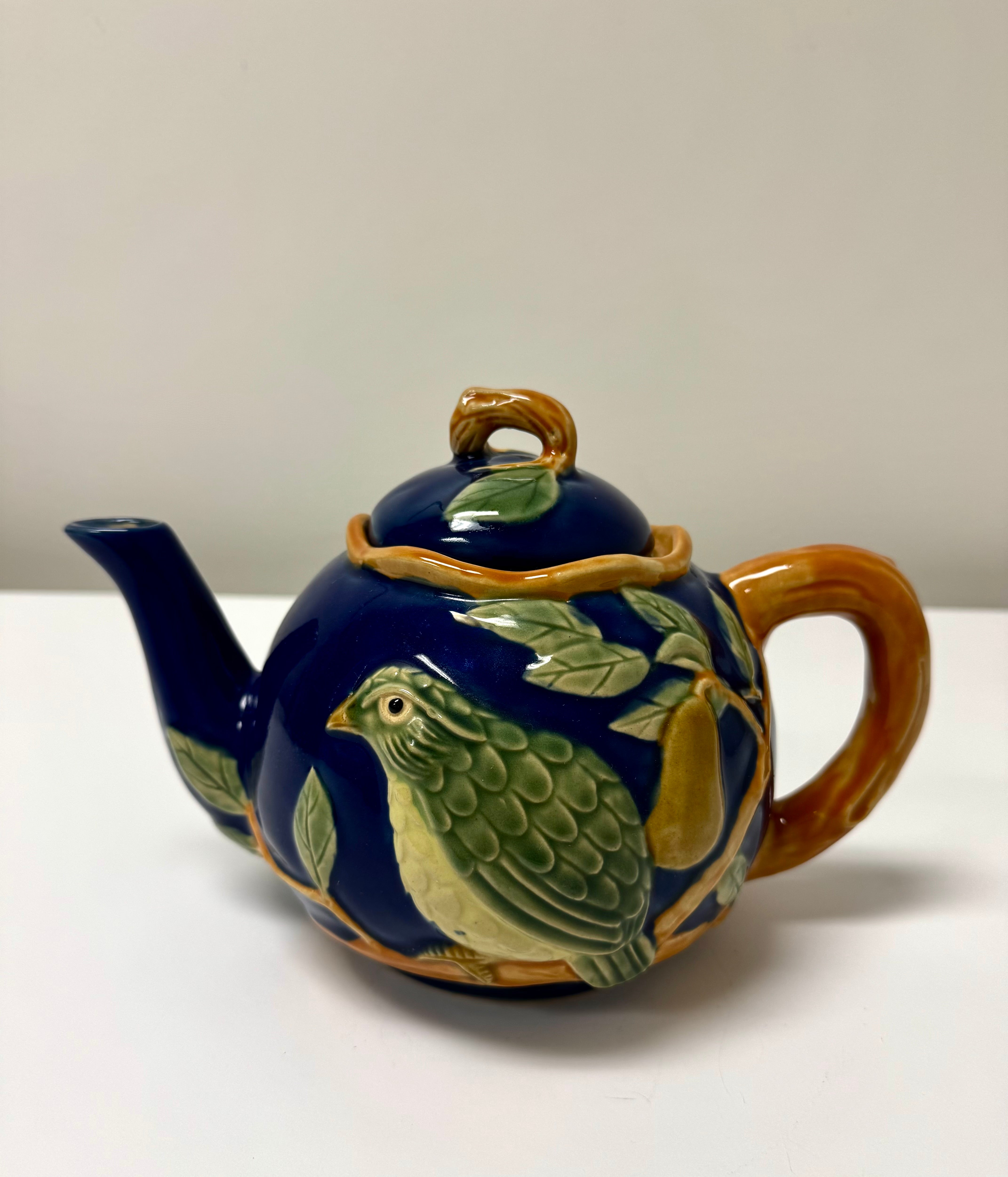 Vintage 'Partridge in a Pear Tree' Majolica Teapot