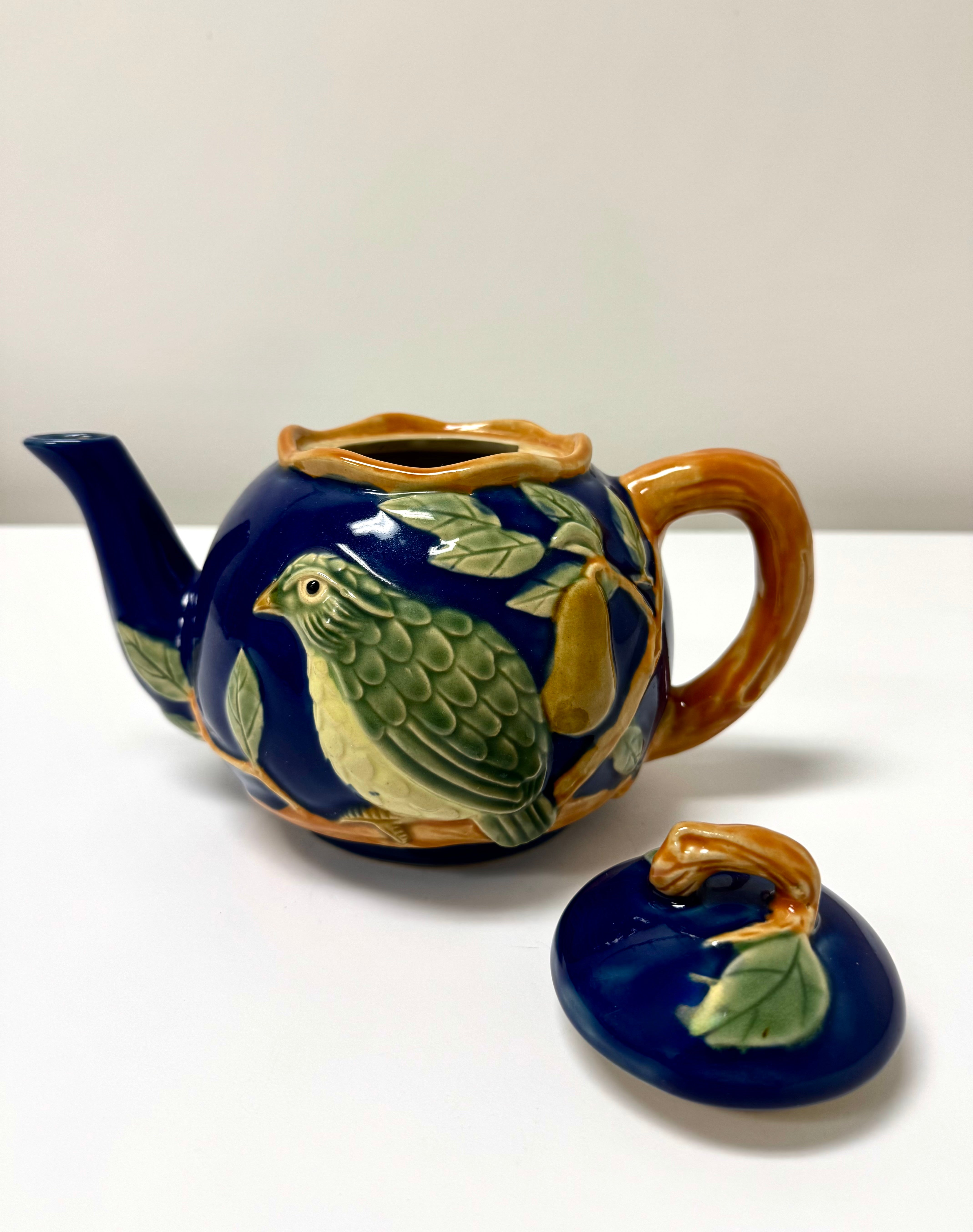Vintage 'Partridge in a Pear Tree' Majolica Teapot